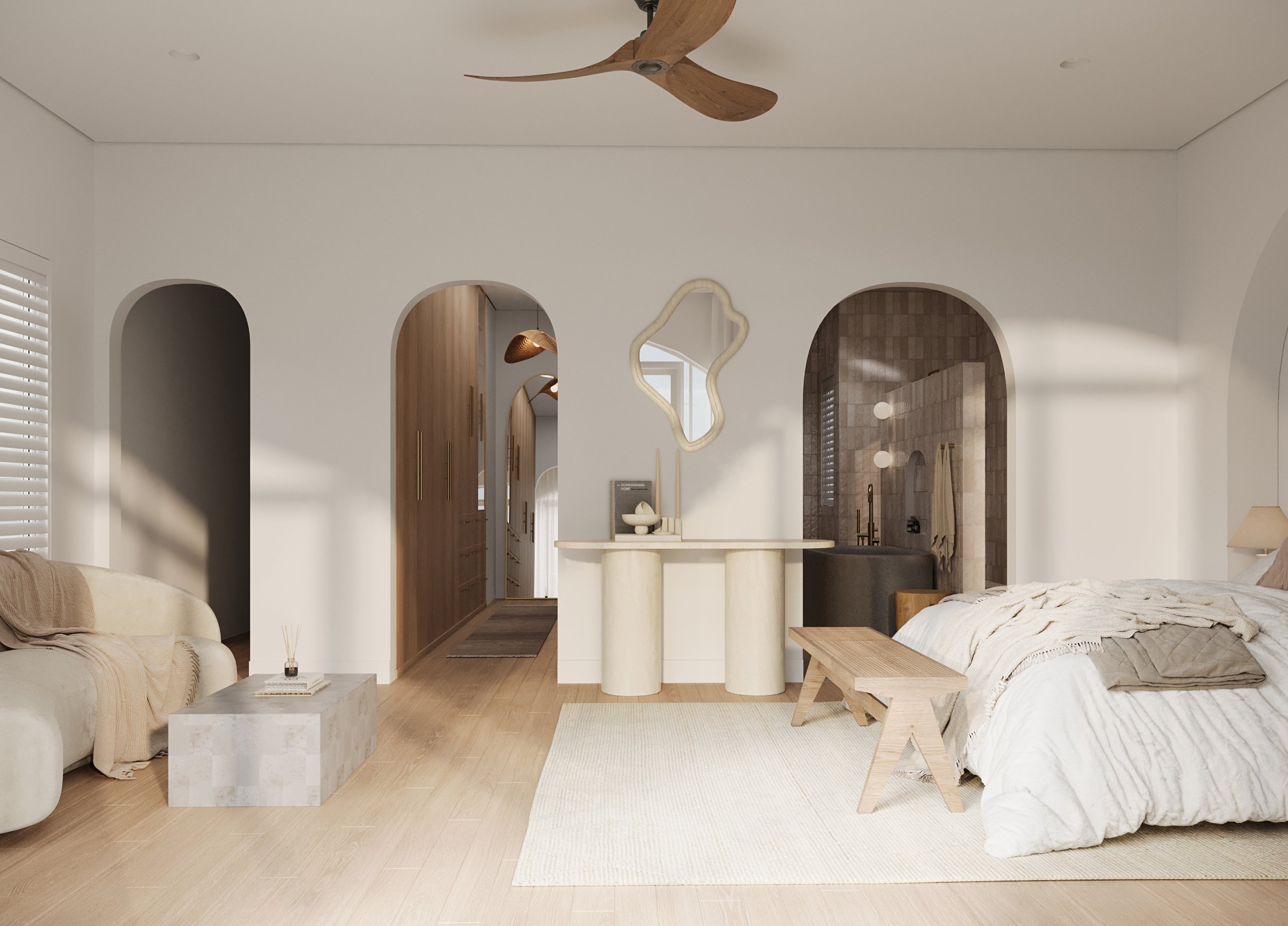 Modern minimalist bedroom with neutral color scheme, featuring a bed with white bedding, a wooden bench, beige armchair, wooden coffee table, large mirror, and wooden ceiling fan.