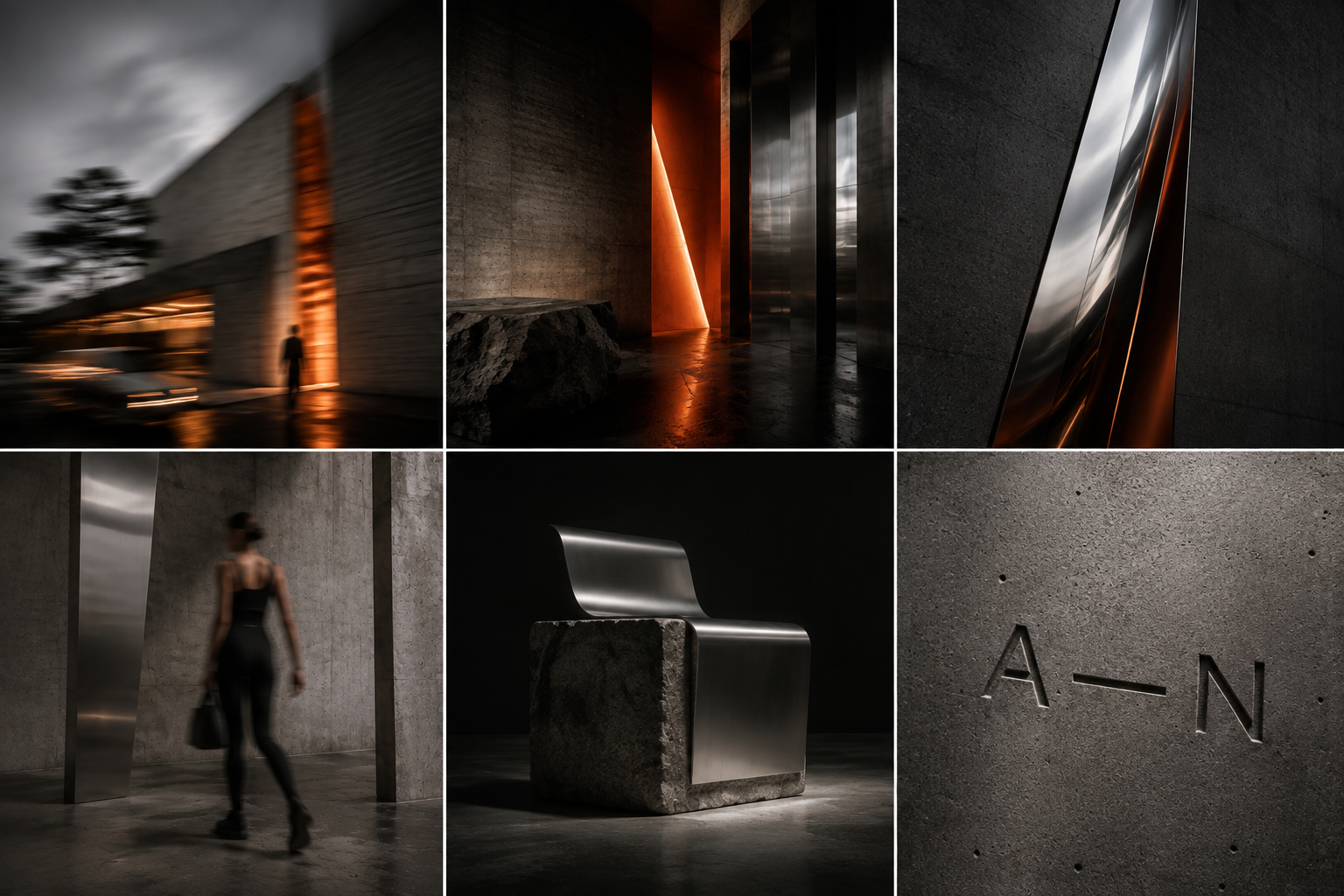 Several images of modern architectural elements with a minimalist and industrial design, including concrete walls, metal sculptures, and sleek lighting, featuring a woman walking through an exhibition space.