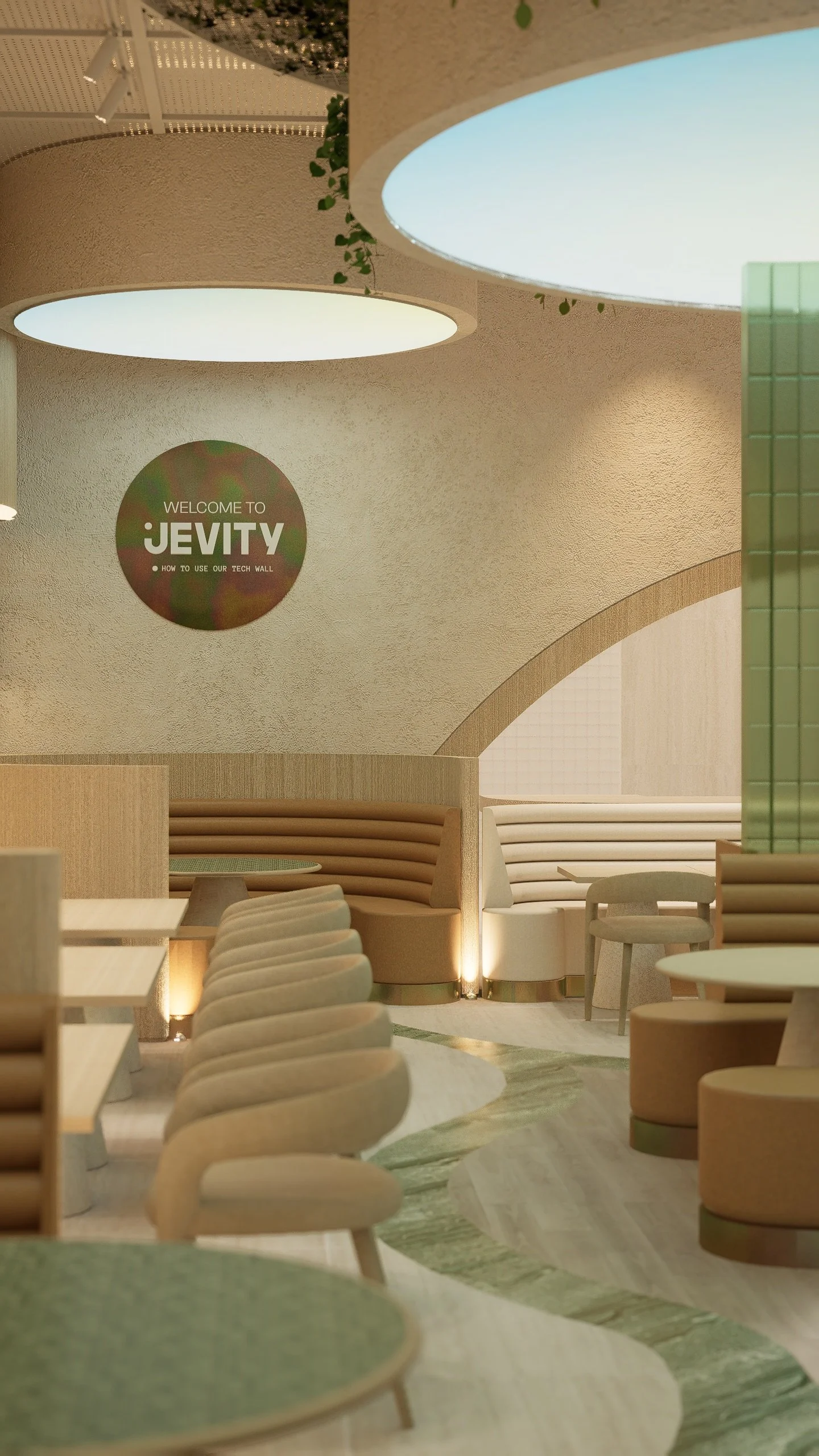 Interior of a modern cafe or restaurant with light-colored furniture, round seating booths, and circular light fixtures on the ceiling. There is a sign on the wall that says 'Welcome to JEVITY' with a subtext about using their tech wall.