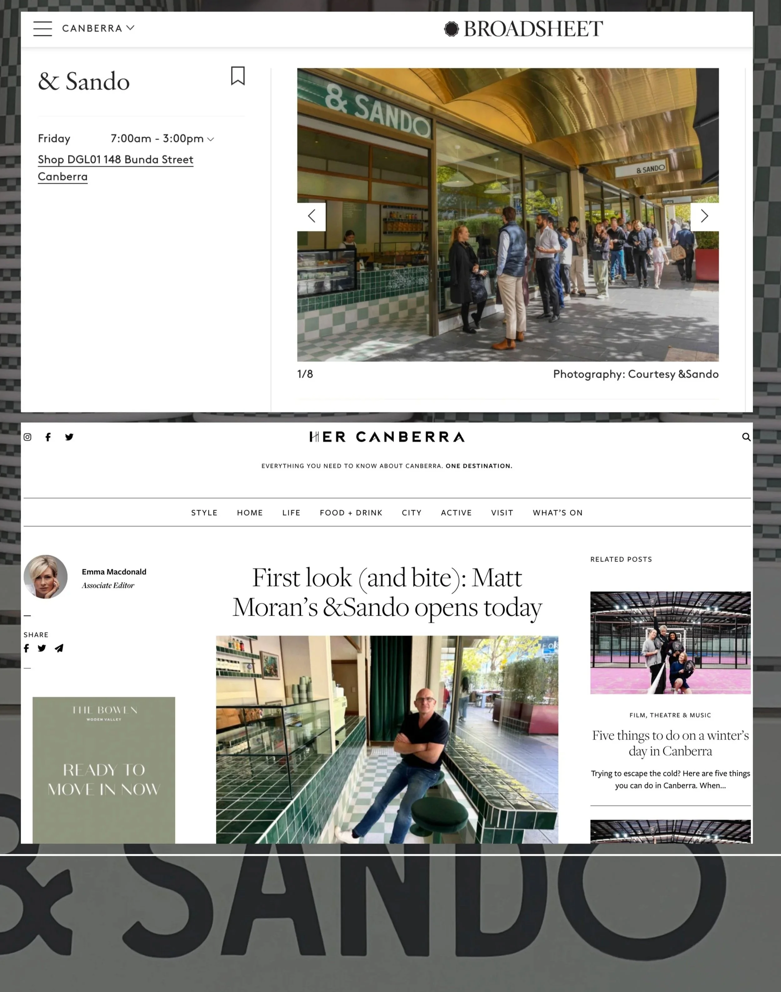 A screenshot of a webpage featuring an article about the opening of Matt Moran's & Sando restaurant in Canberra. The page shows a photo of people queuing outside the restaurant, with a green and gold exterior, and another photo of a man sitting inside in front of a green-tiled counter.