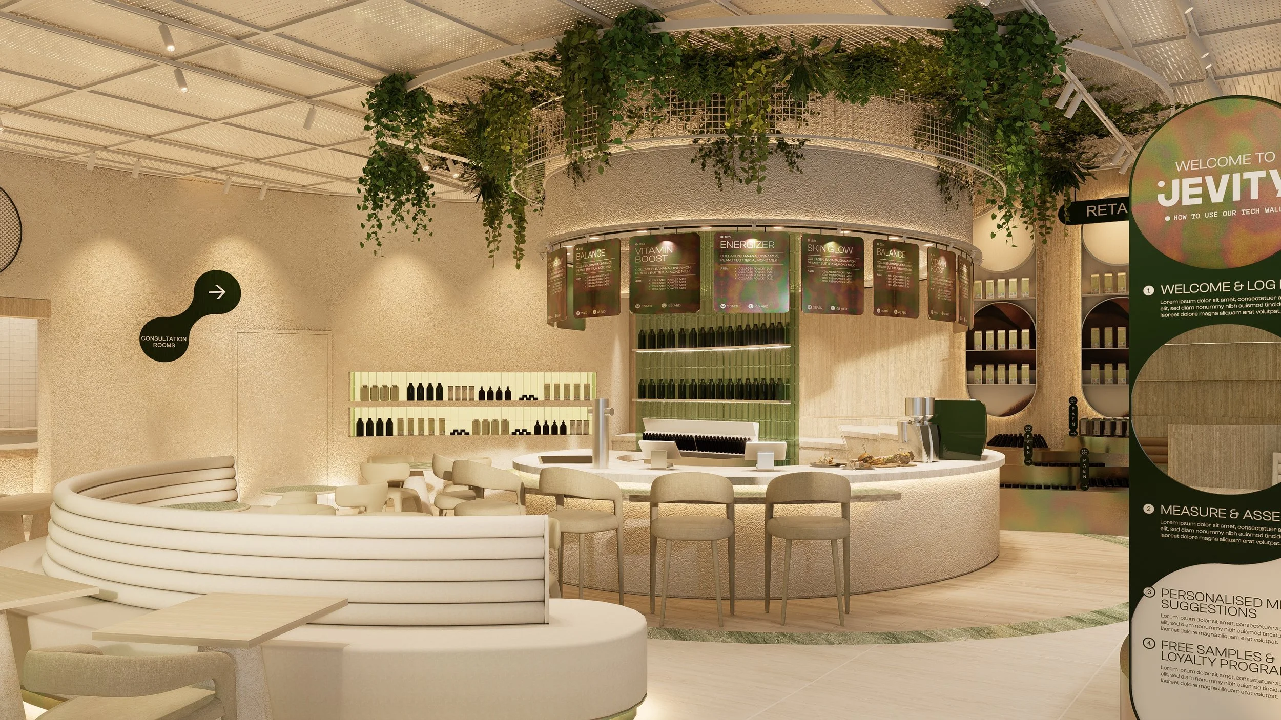 Interior of a modern wellness or beauty spa featuring a circular reception counter with shelves of products, a seating area with curved white benches, and greenery hanging from the ceiling.