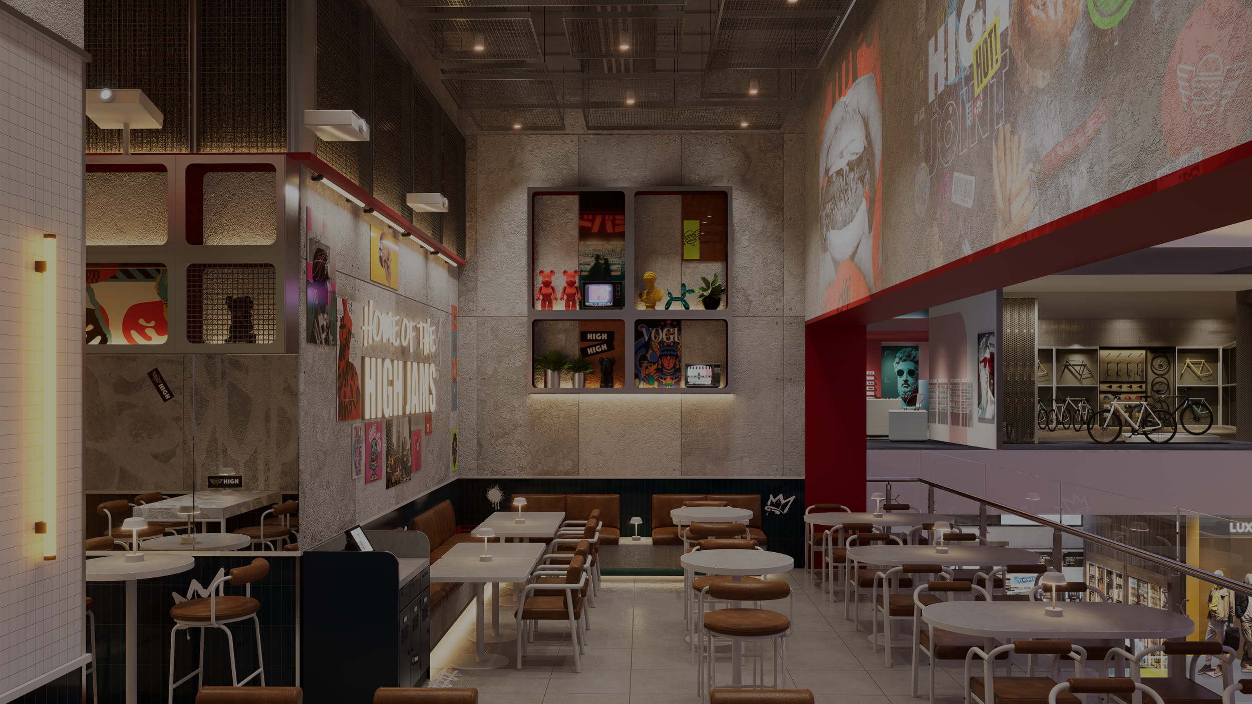 Interior of a modern cafe or restaurant with decorated walls, tables, chairs, and bicycles in the background.