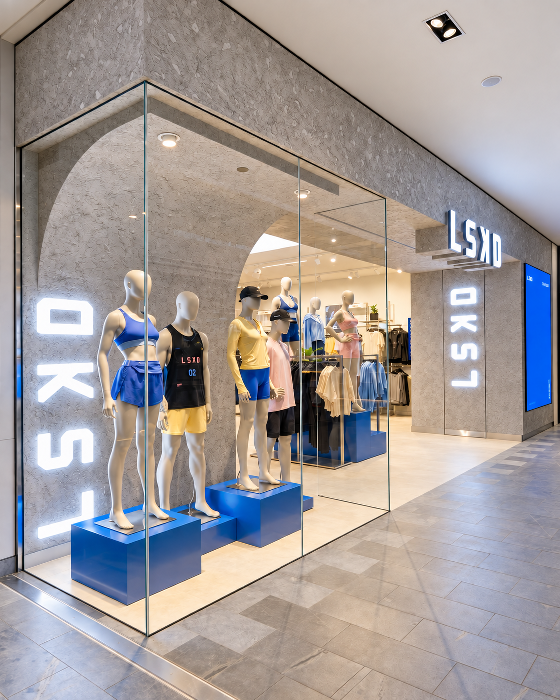 LSKD Karrinyup curved shopfront with glazed mannequin displays, textured grey finishes and blue plinths.