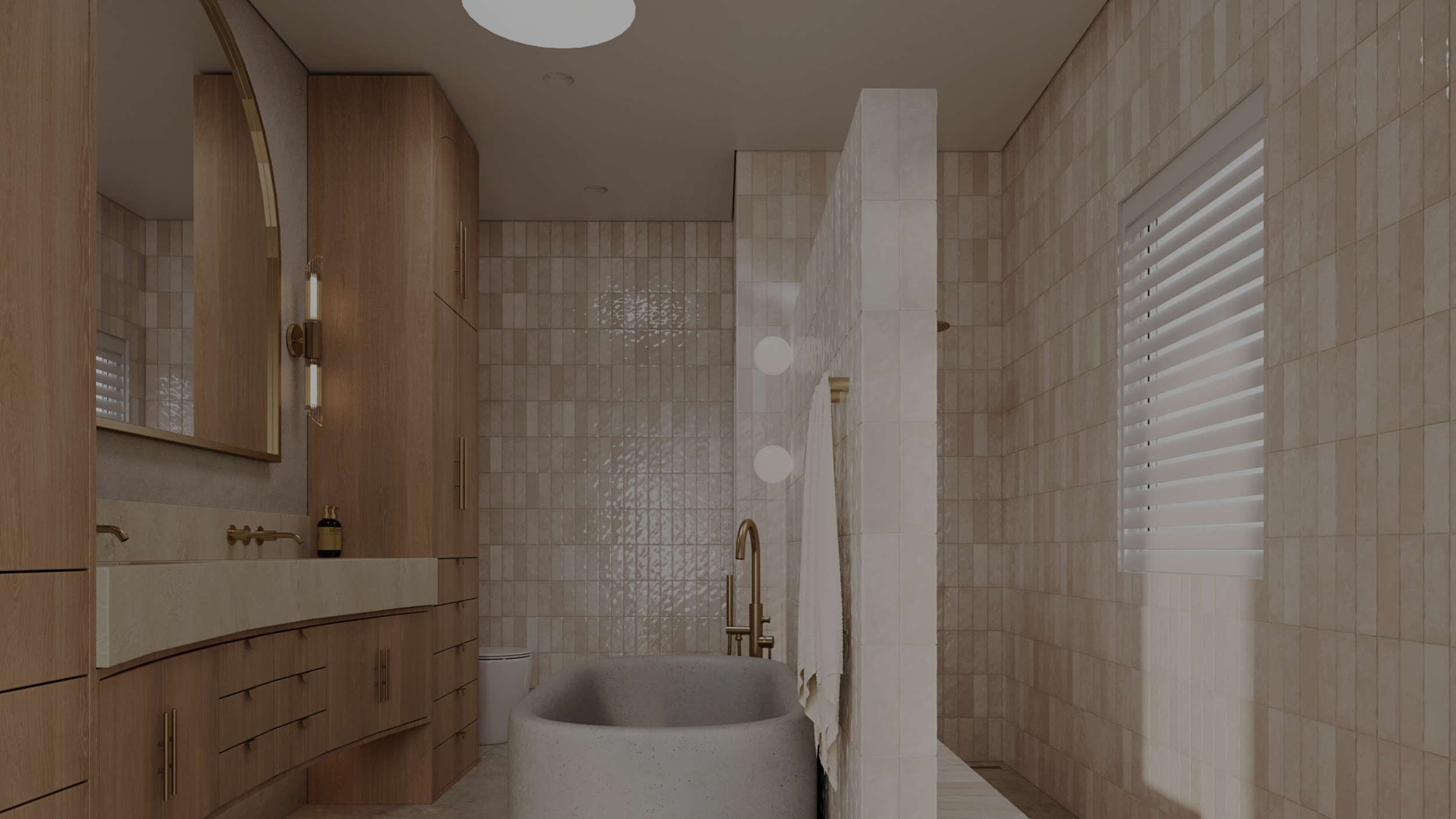Modern bathroom with beige tiled walls, wooden cabinetry, a bathtub, a window with white blinds, and a mirror