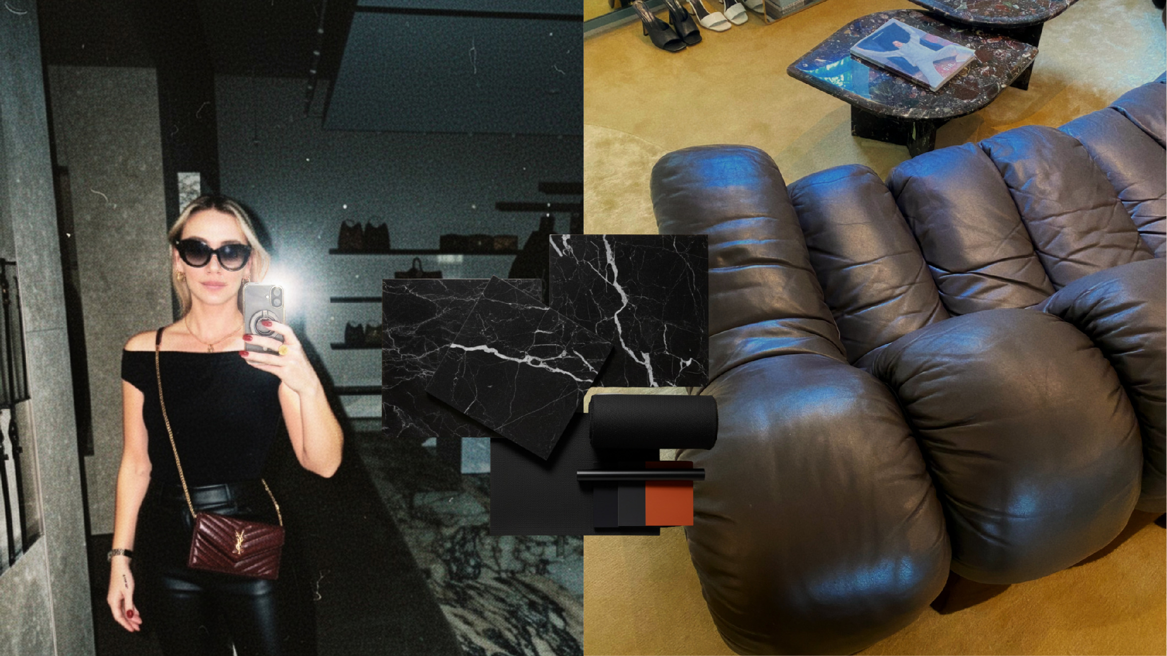 A woman taking a mirror selfie with her phone, wearing sunglasses, a black off-shoulder top, black pants, and carrying a burgundy purse; a collage showing interior decor items including black marble surfaces, black textured material, and a circular leather sofa in a living room.