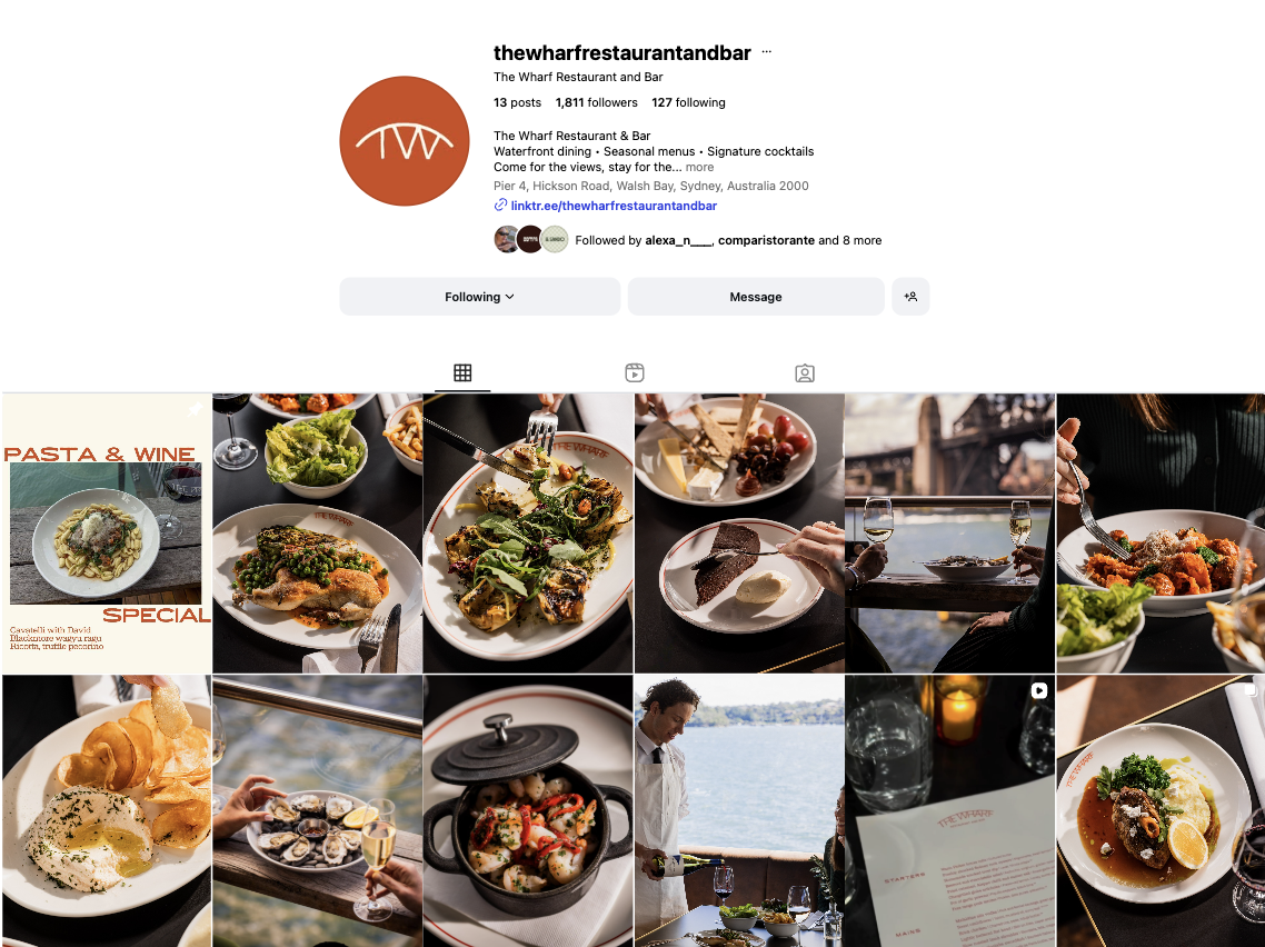 A collage of photos from The Wharf Restaurant & Bar showing various dishes, drinks, and a waterfront view in Sydney, Australia.