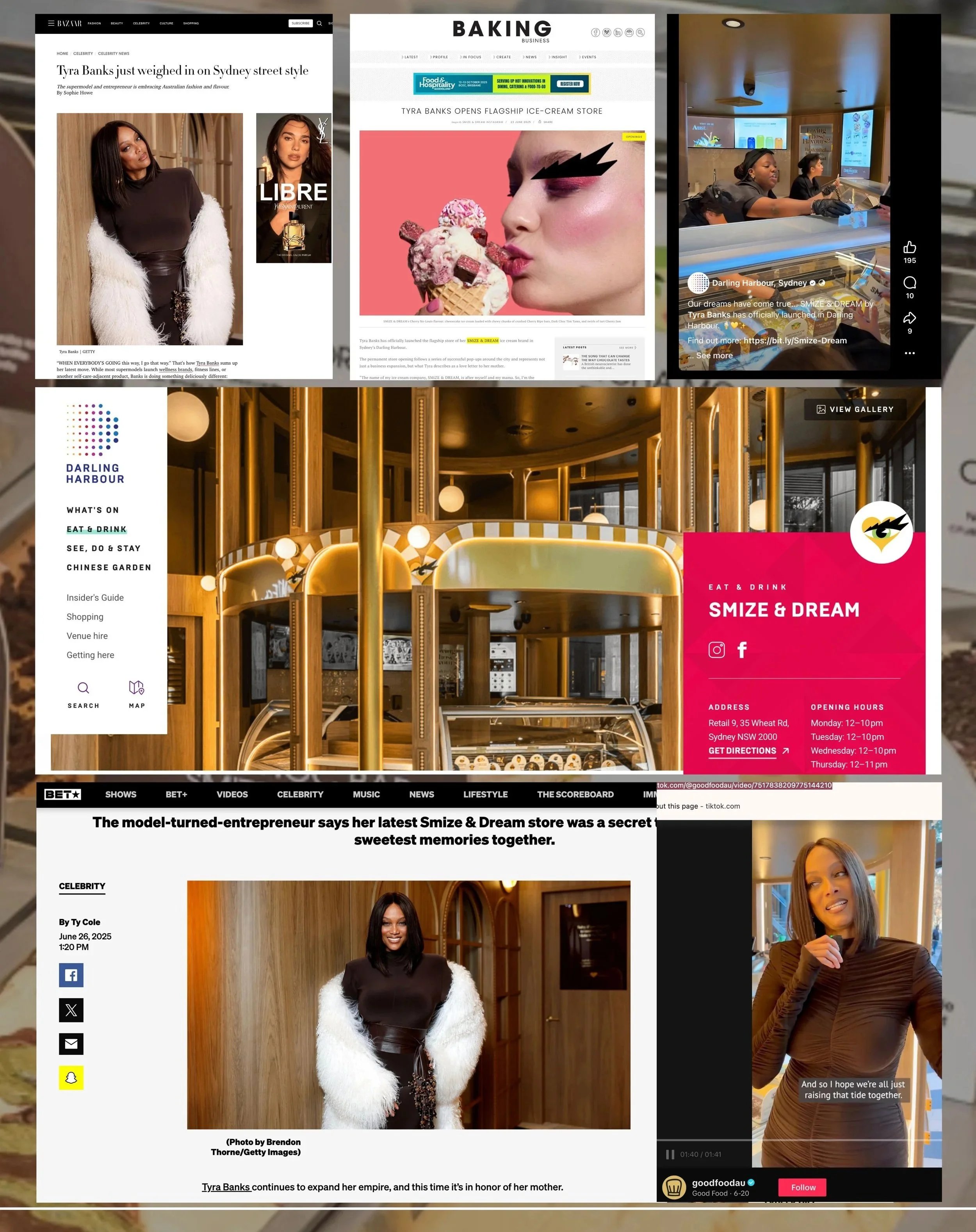 Collage of digital screens and photos promoting Tyra Banks and her Smile & Dream ice cream store, featuring articles, store images, and a woman speaking in a video.