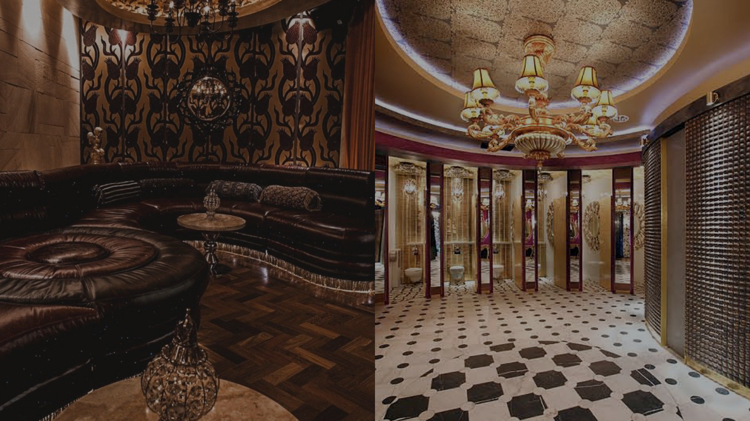 Split image of luxurious interior spaces, with a leather seating area and vintage decor on the left, and a grand bathroom with ornate chandeliers, golden accents, and marble flooring on the right.