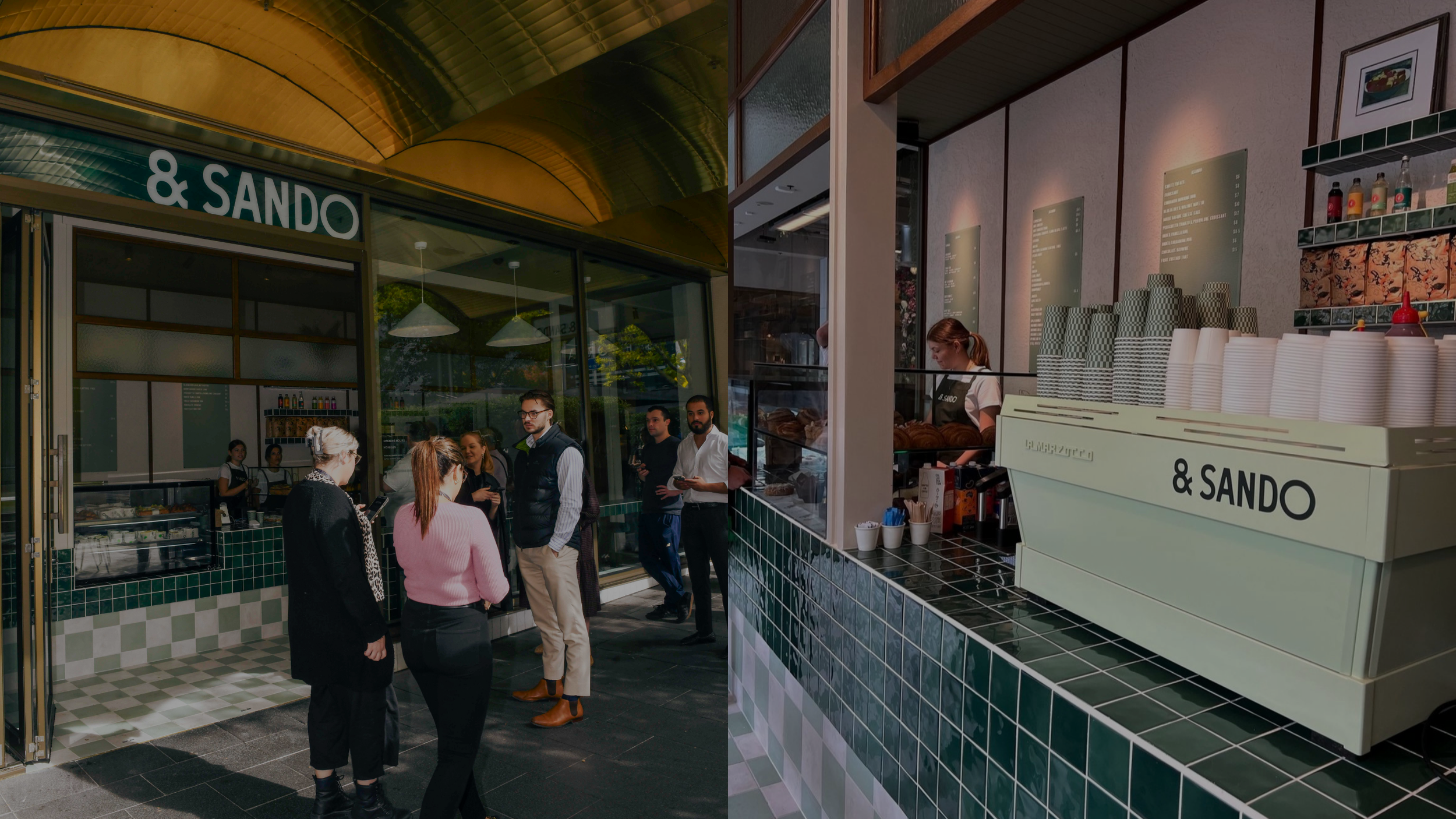 People standing and ordering outside a cafe called '& Sando' with a display case, counter area with coffee cups, baked goods, and a barista preparing drinks.