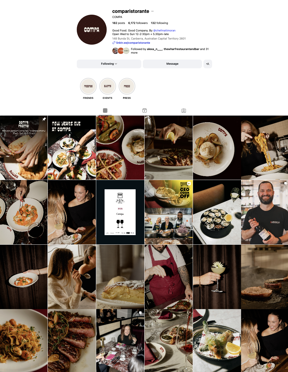 Instagram profile for compari Store featuring images of food dishes at a restaurant, people enjoying meals, and chefs preparing food.