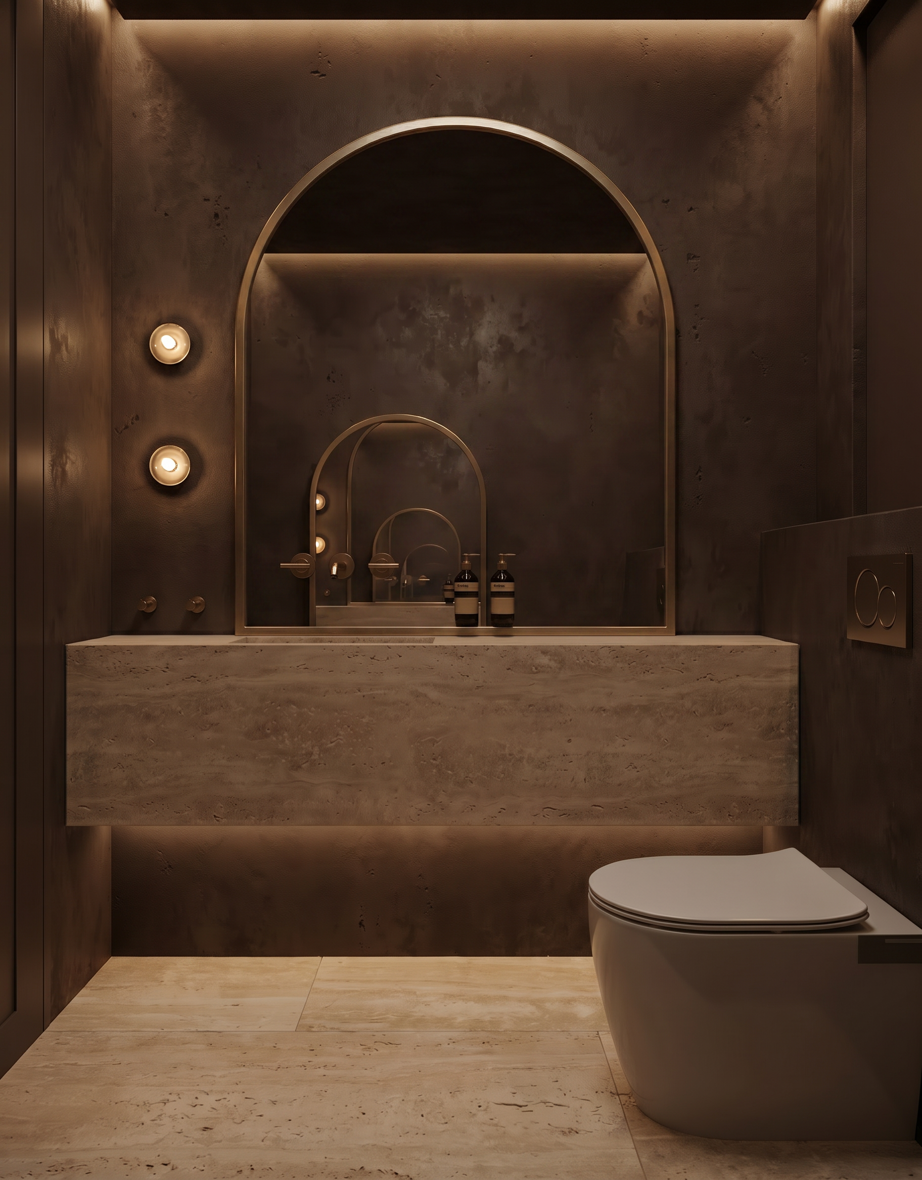 Modern bathroom with beige marble flooring and dark textured walls, featuring a wall-mounted toilet in the foreground and a vanity with a mirror and bottles in the background.
