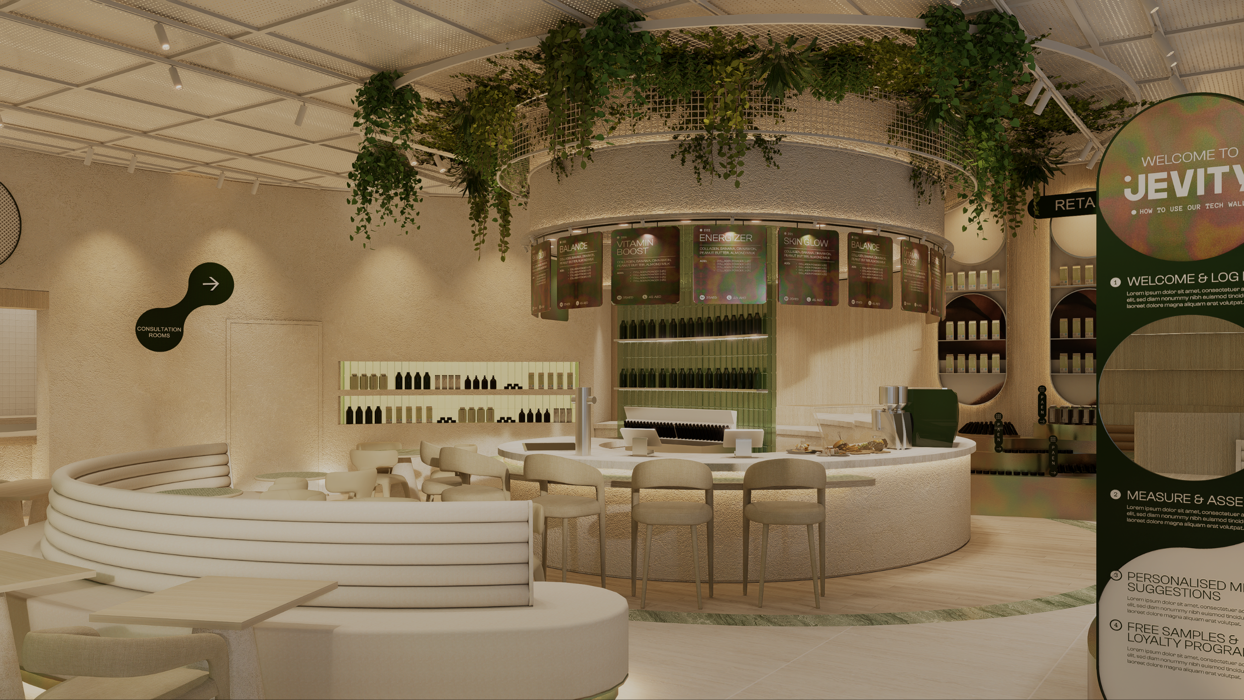 Modern indoor space with a bar, seating area, and greenery overhead, featuring digital displays and a sign for consultation rooms.