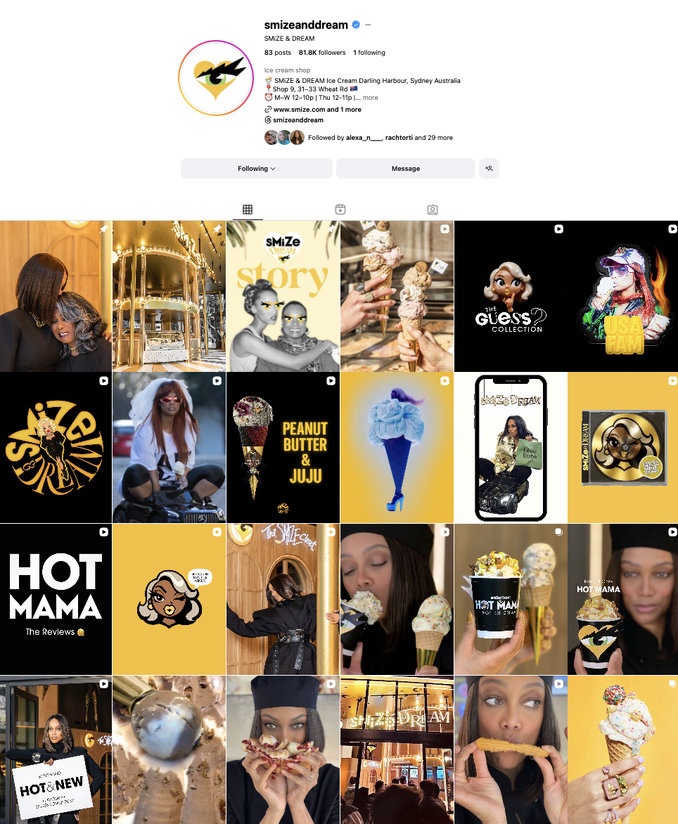 Instagram profile page of Smize and Dream, an ice cream shop in Darling Harbour, Sydney Australia, featuring images of people enjoying ice cream, cafe interior, promotional graphics, and desserts.