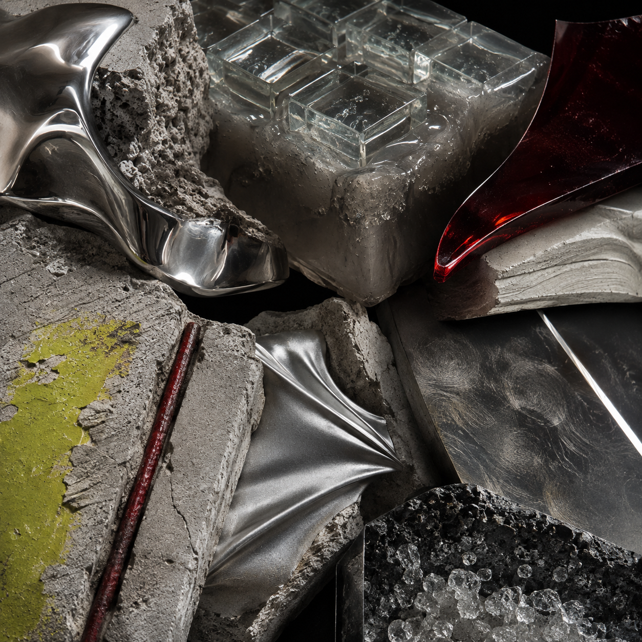 Close-up of various textured materials, including concrete, glass, metal, and colored glass pieces arranged together.