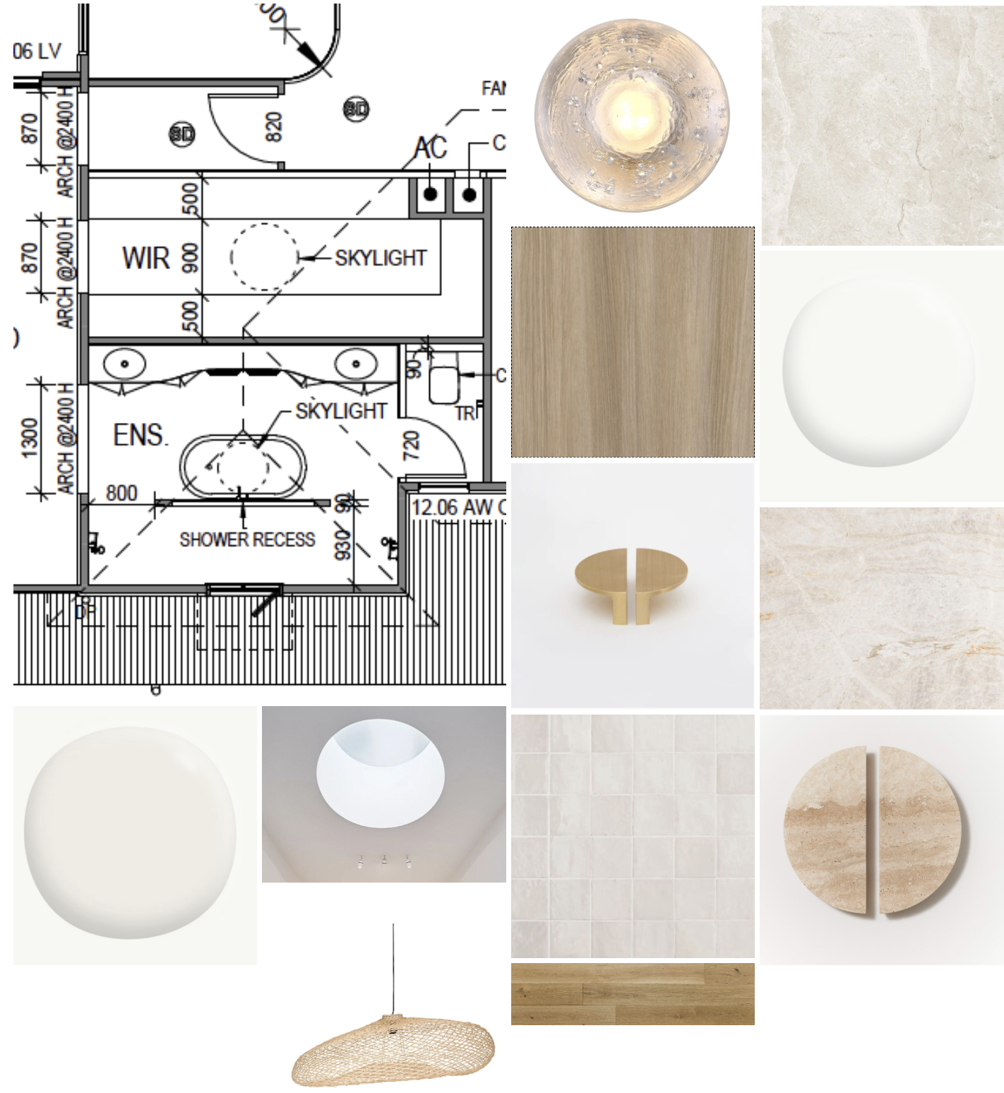 Architectural drawing of a bathroom floor plan with various interior design materials such as wood, tile, stone, and light fixtures displayed around it.