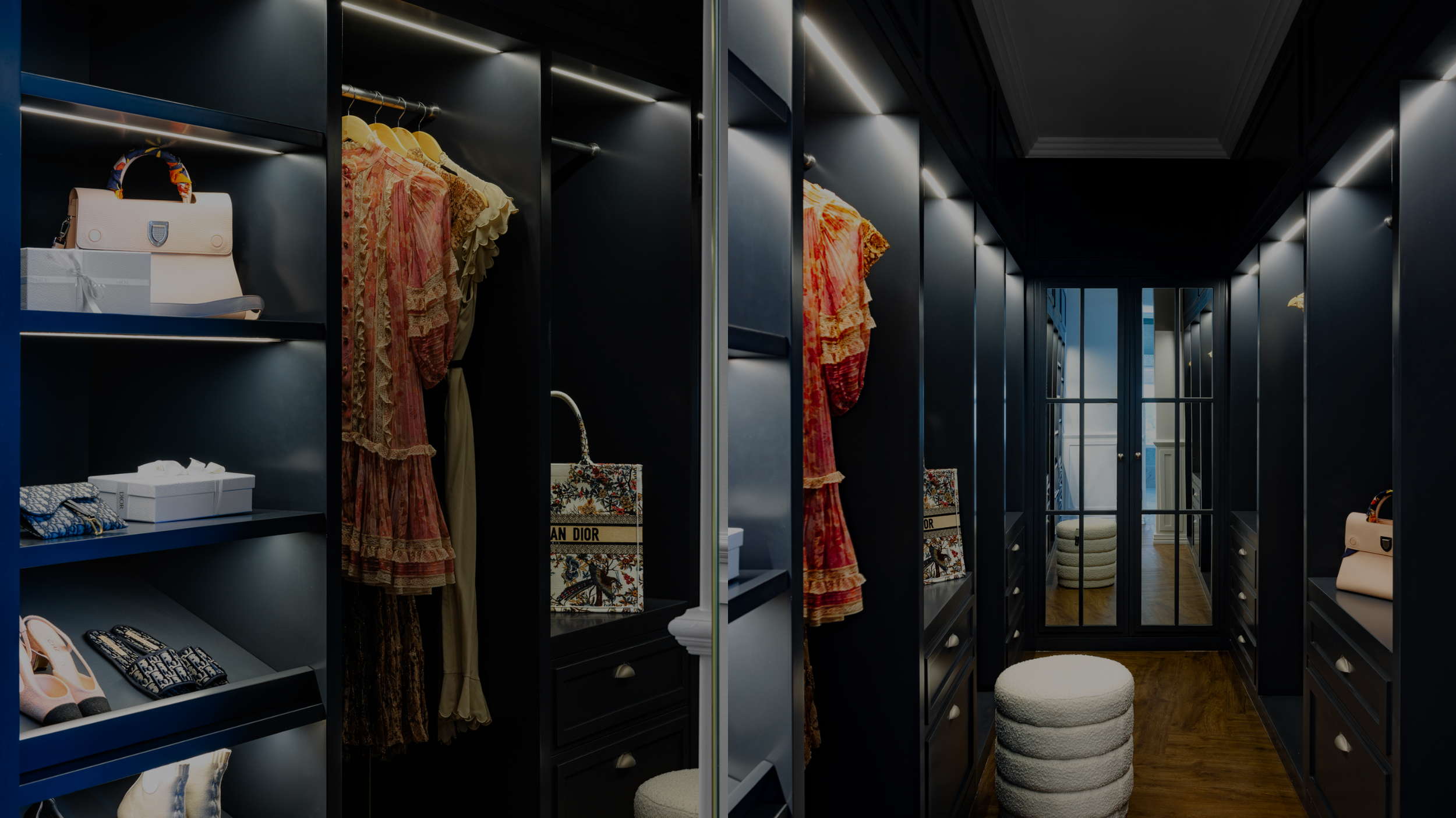 Luxurious walk-in closet with black shelving, handbags, clothes, shoes, and a mirrored closet door, illuminated by soft lighting.