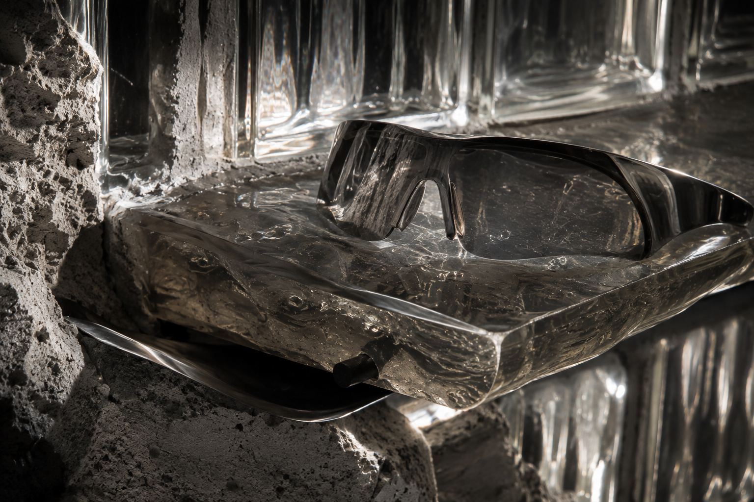 A pair of black sunglasses resting on a clear glass shelf, with a textured concrete wall and glassware in the background.