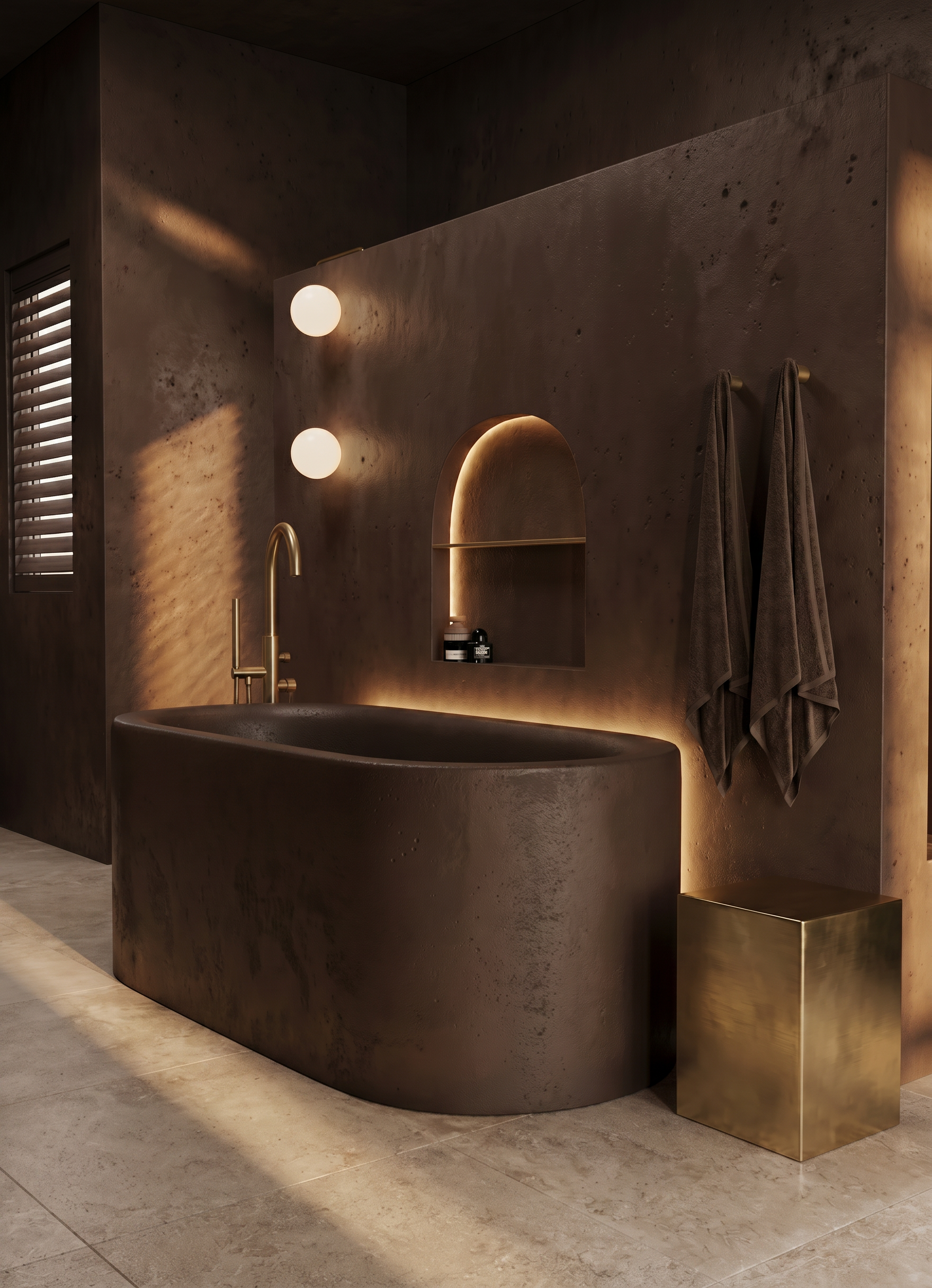 Modern bathroom with a dark, textured bathtub, a gold faucet, a wall mirror with integrated lighting, two hanging towels, a gold side table, and warm ambient lighting.