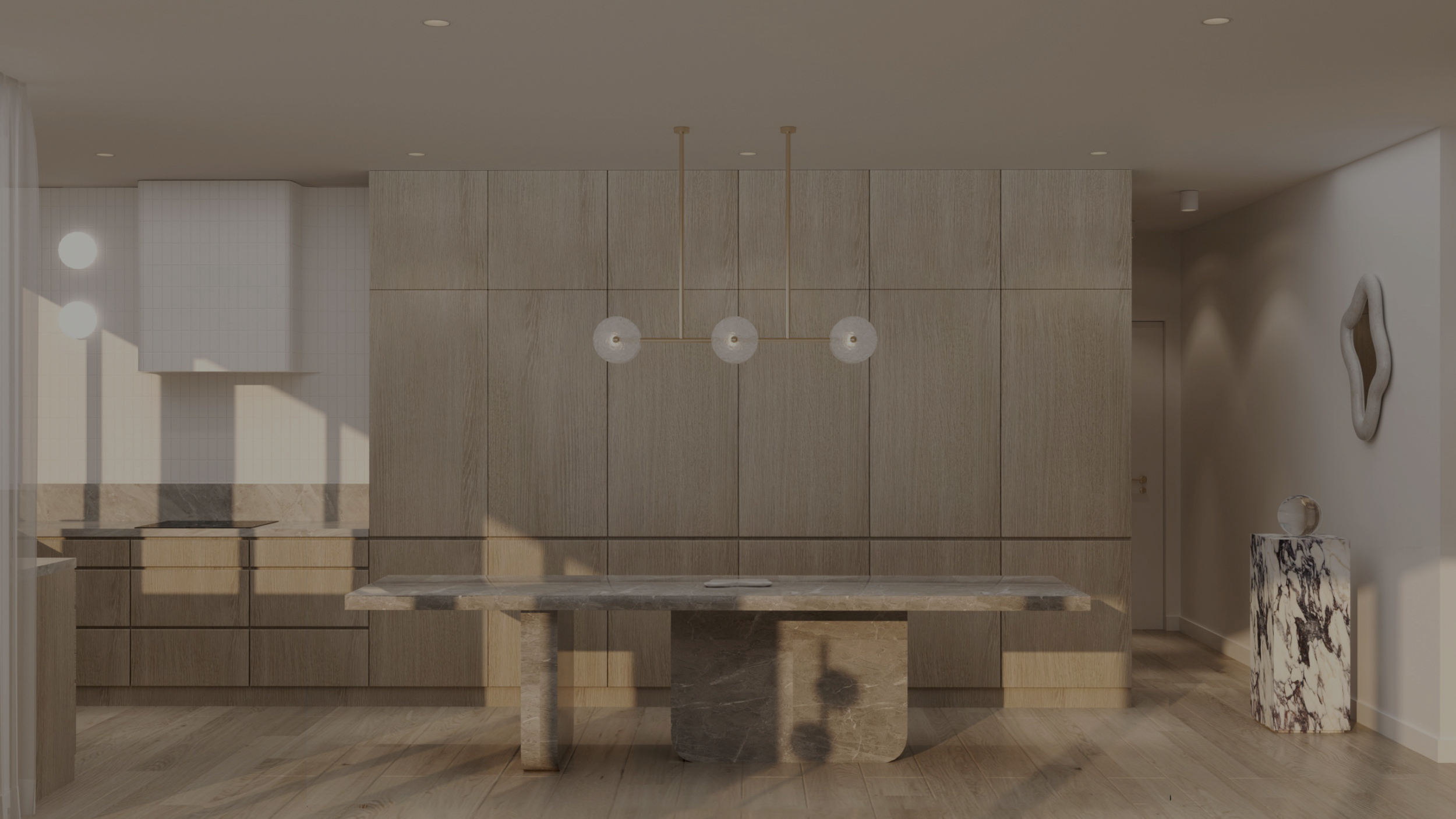 Modern interior with wooden panel walls, a marble dining table, a marble pedestal with a glass orb, a white wall with a decorative mirror, and a pendant light fixture.