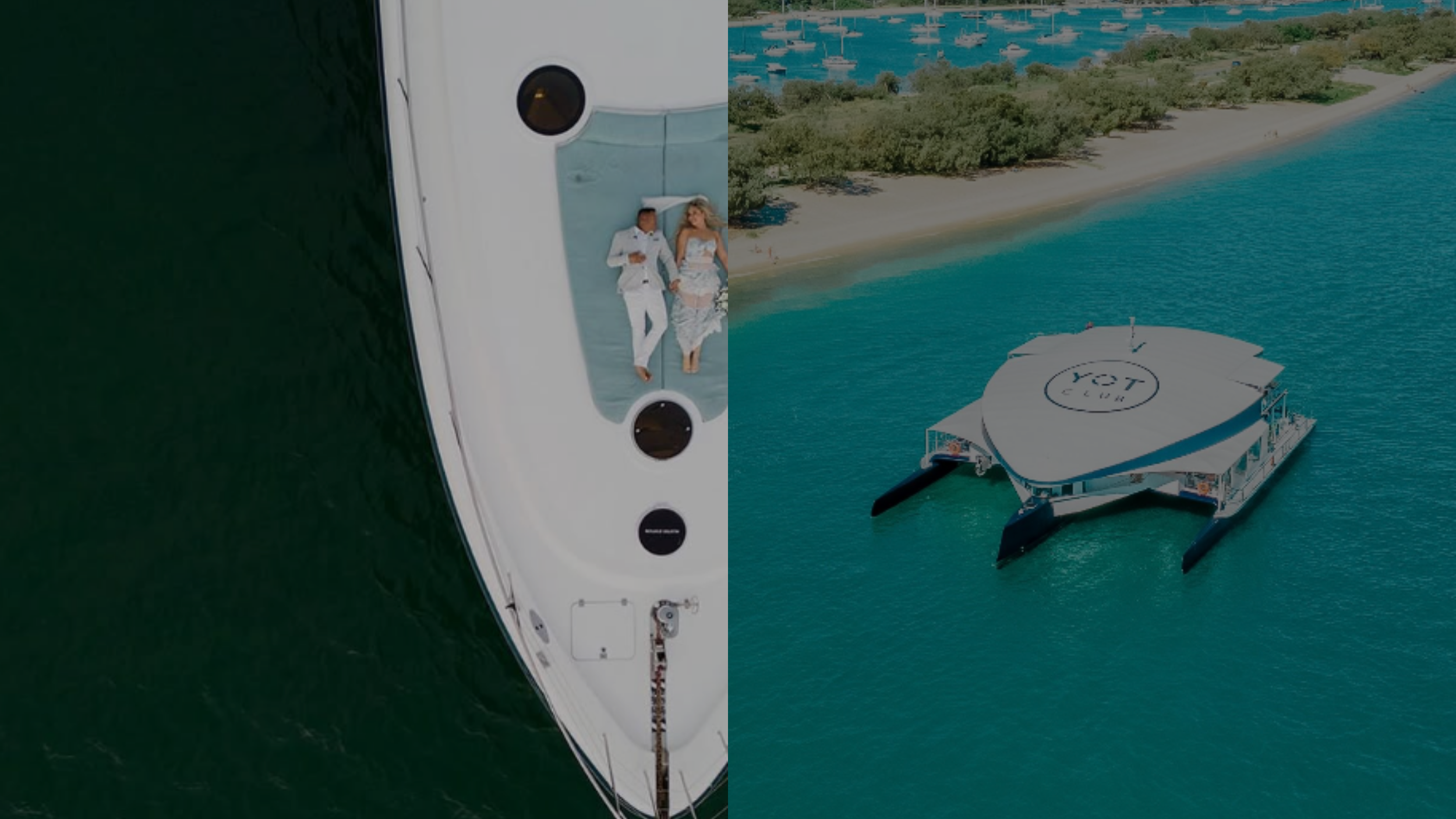An aerial view of a yacht and a floating dock with a sign that reads "YOT SUP" on the water near a beach and greenery.
