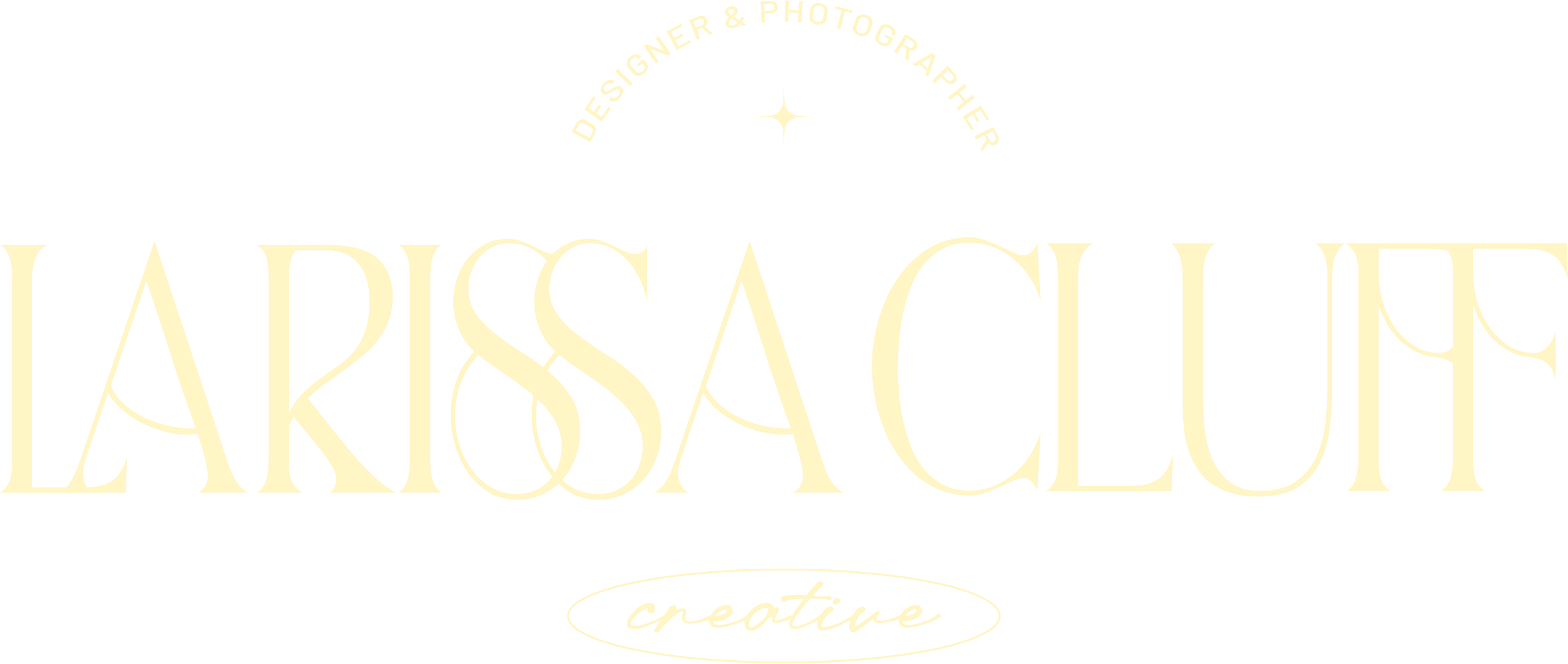 Logo for Arissa Lee, a designer and photographer. The logo features the name 'Arissa Lee' in large, elegant cream-colored text on a black background. Above, there's a semi-circle of text that reads 'Designer & Photographer' with a star in the middle. Below the name, the word 'creative' is written in a smaller script font inside an oval outline.