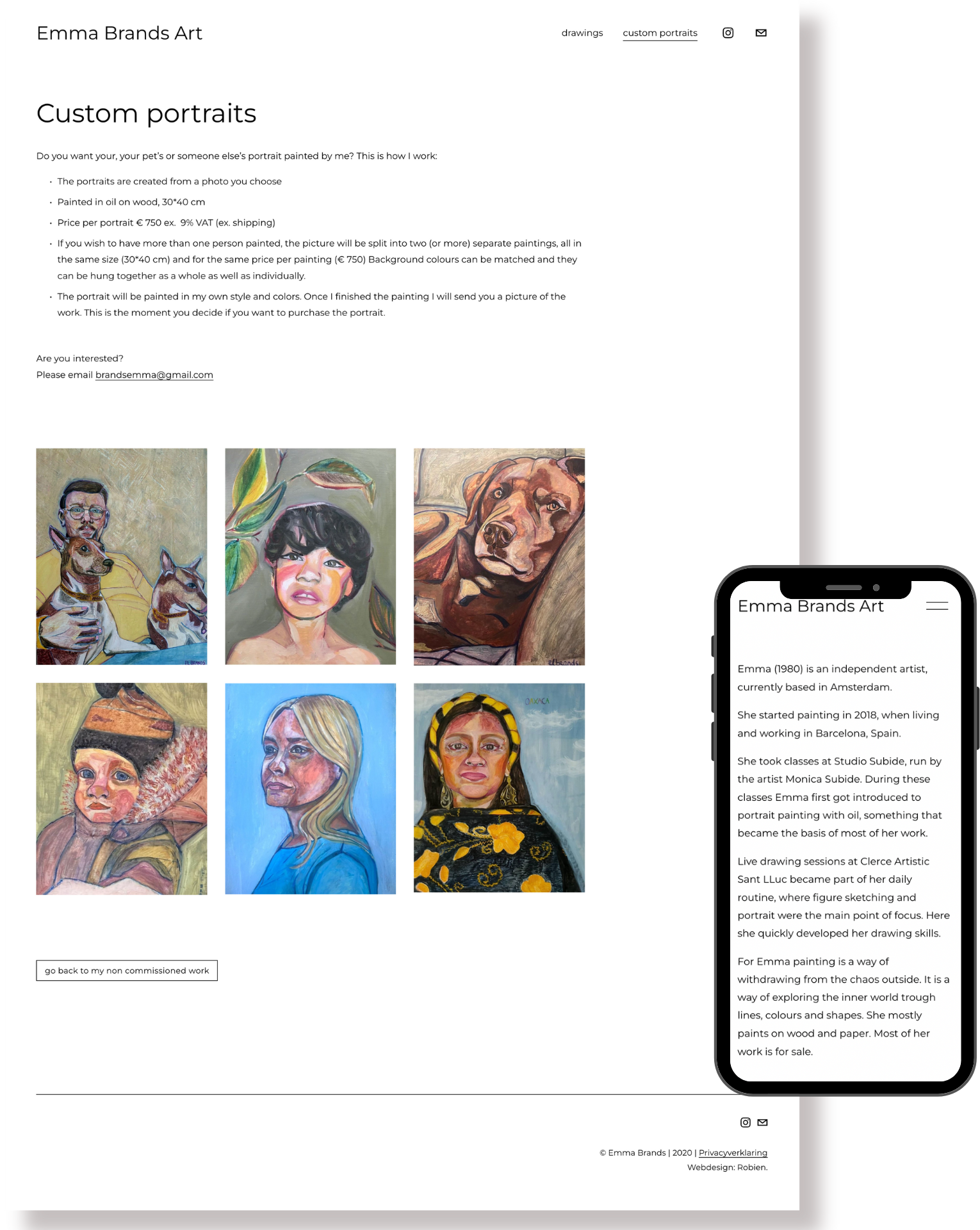 Website van Emma Brands Art weergegeven op desktop en mobiel