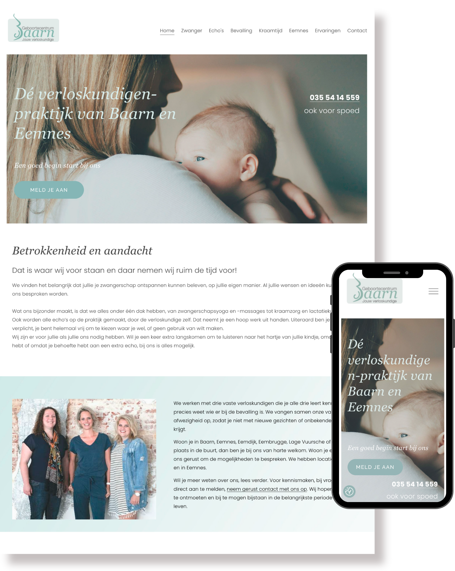 Website van Geboortecentrum Baarn weergegeven op desktop en mobiel