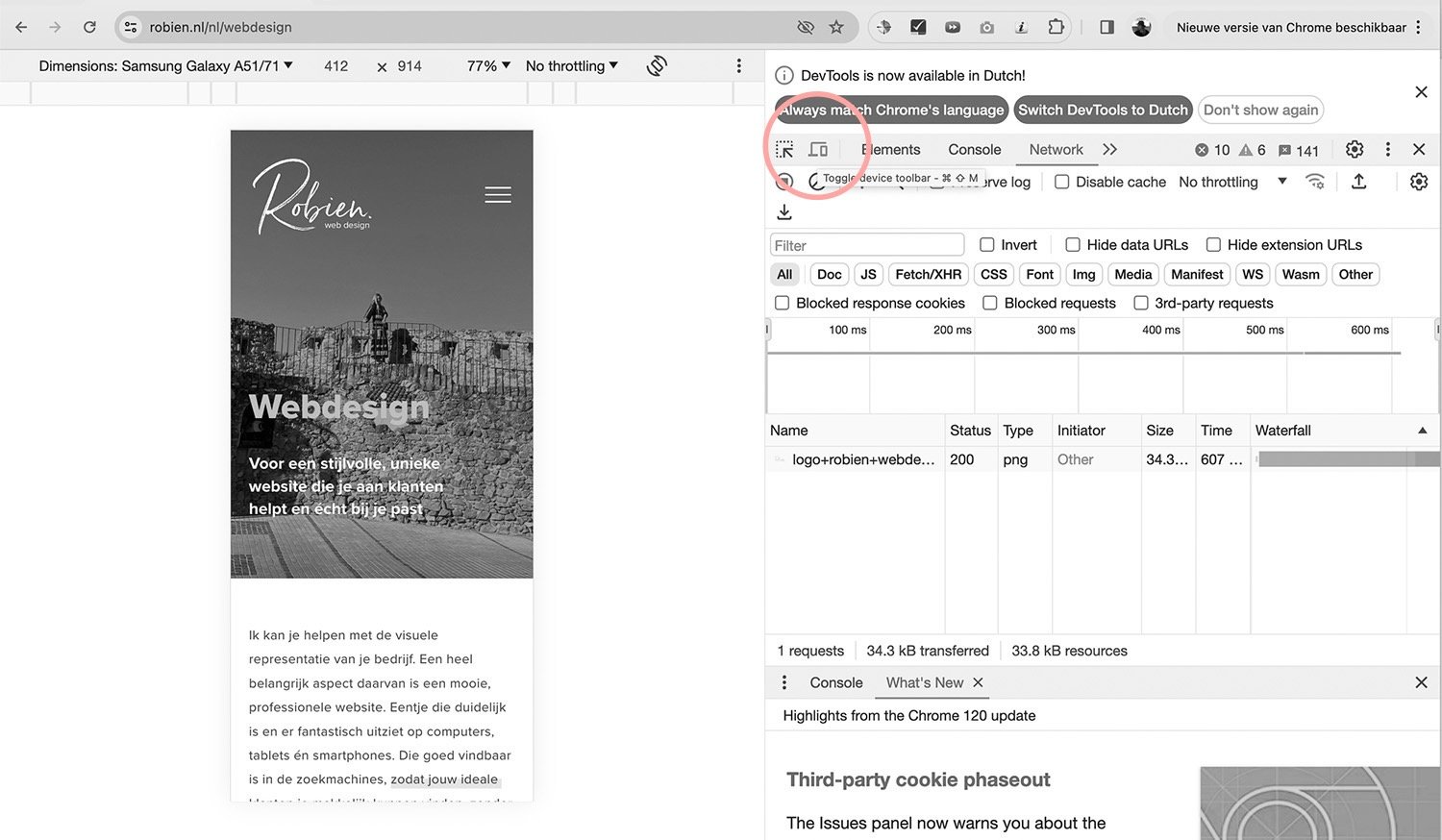 Screenshot van website in mobiele simulatie via Chrome DevTools