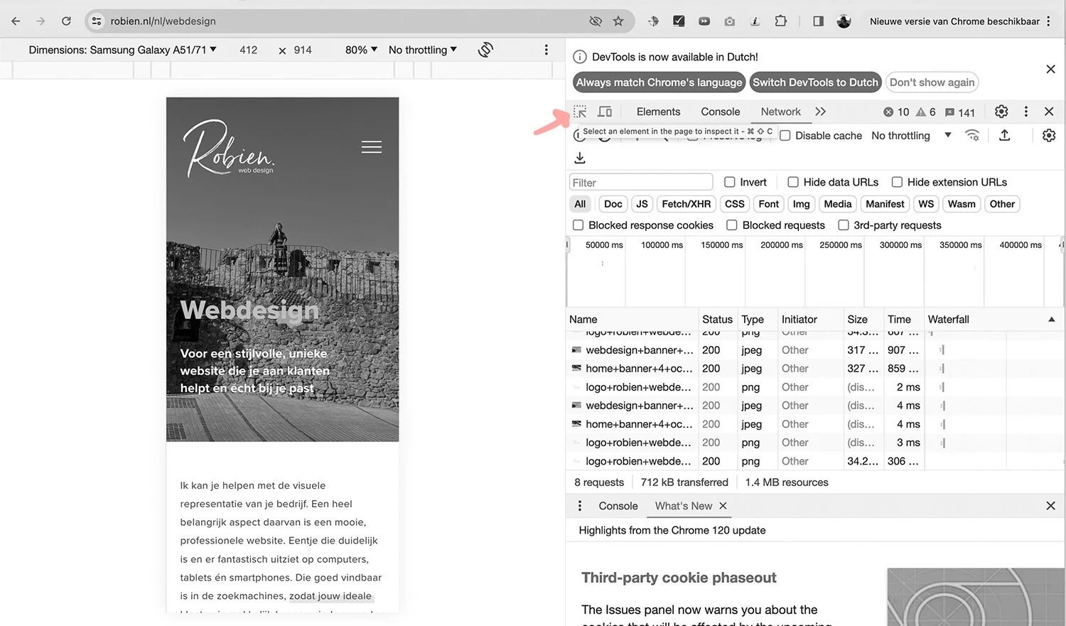 Screenshot van Google Chrome met de Device Toolbar ingeschakeld voor mobiele weergave