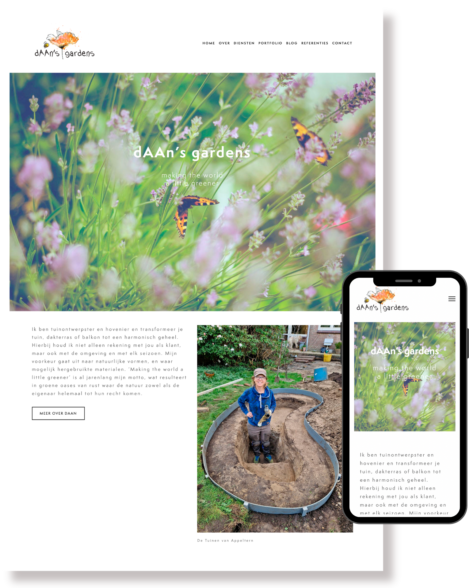 Website van dAAns gardens weergegeven op desktop en mobiel