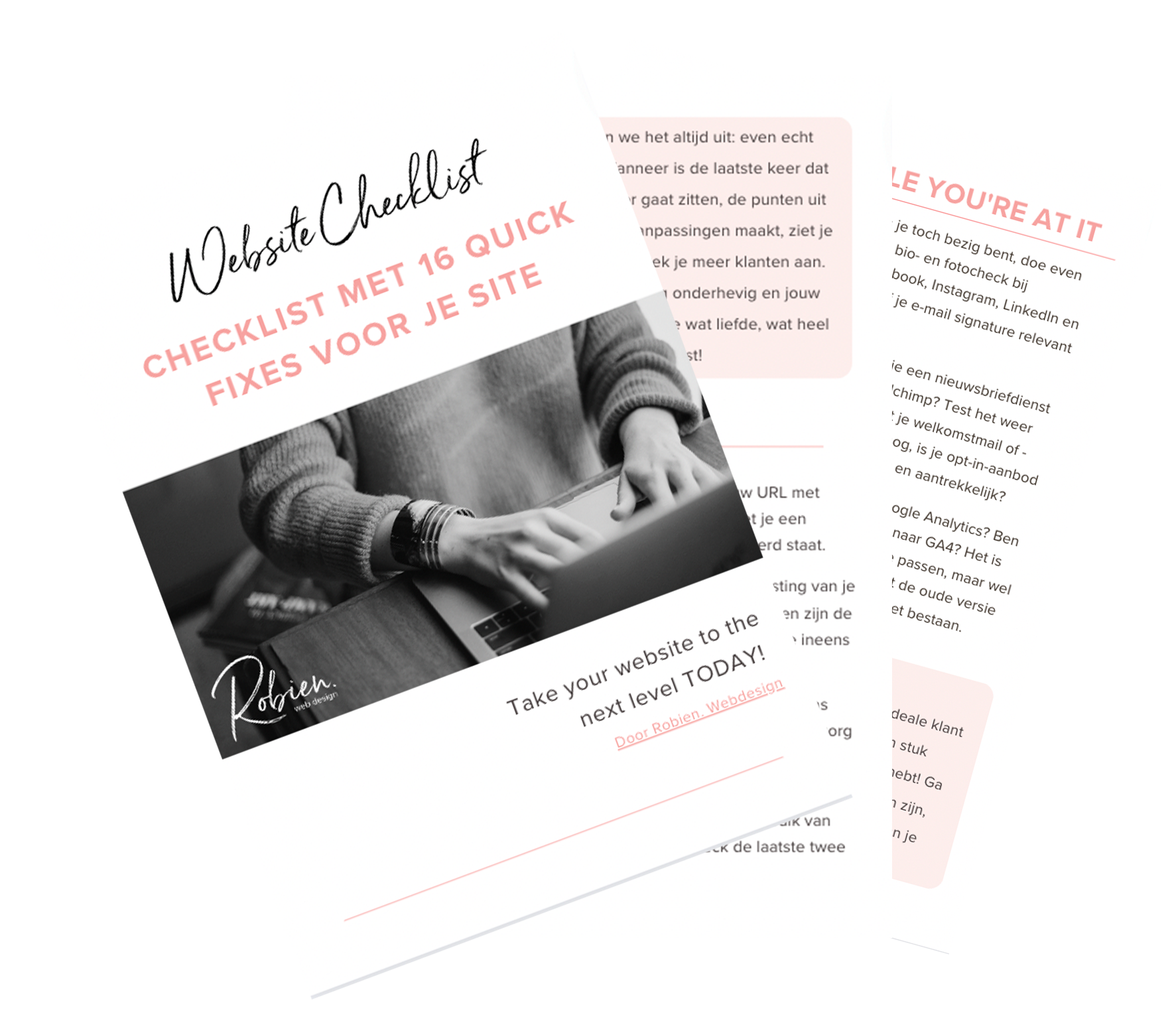 Mock-up van de gratis checklist ‘16 Quick Fixes voor je Website’