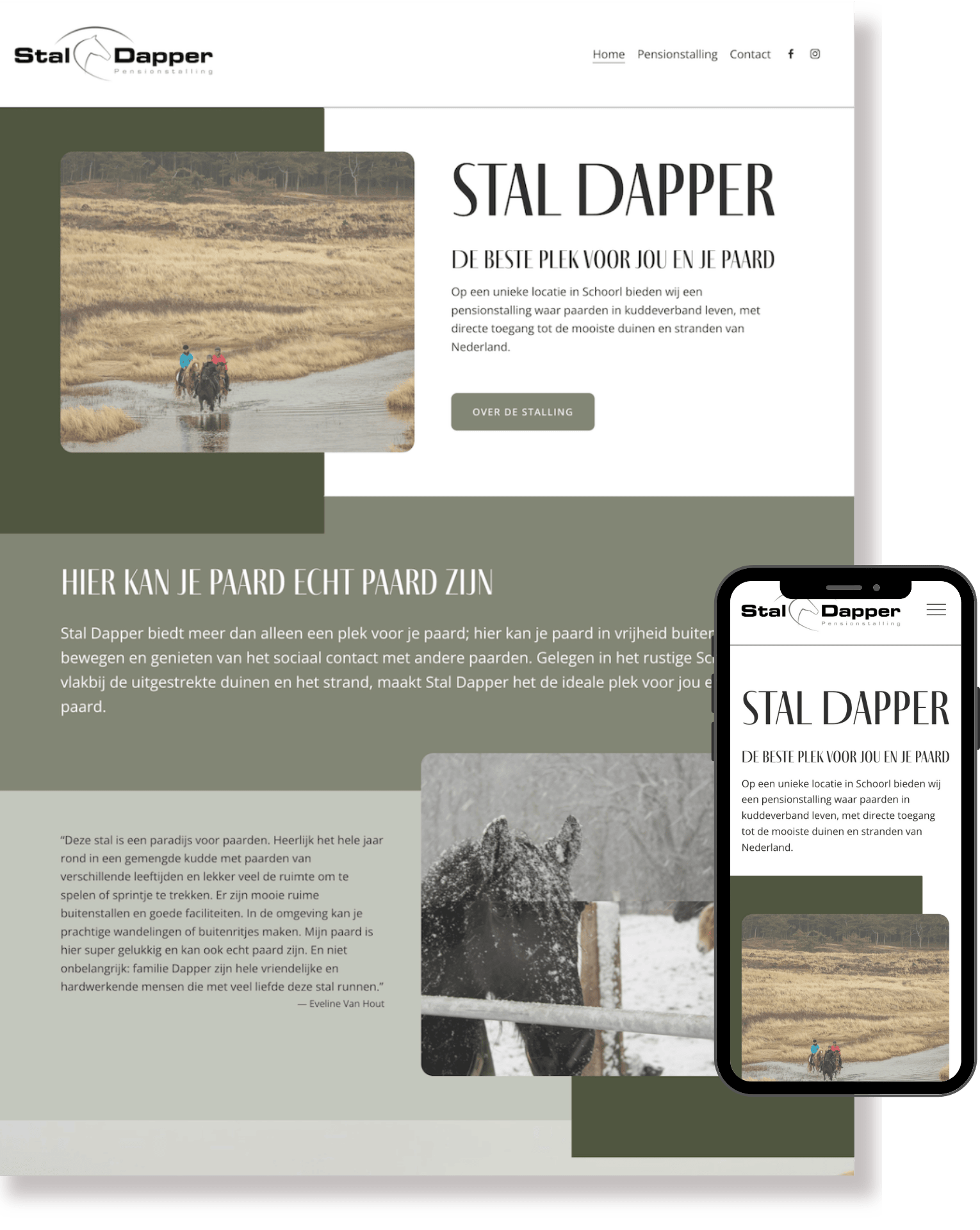 Website van pensionstalling Stal Dapper, getoond op desktop en mobiel