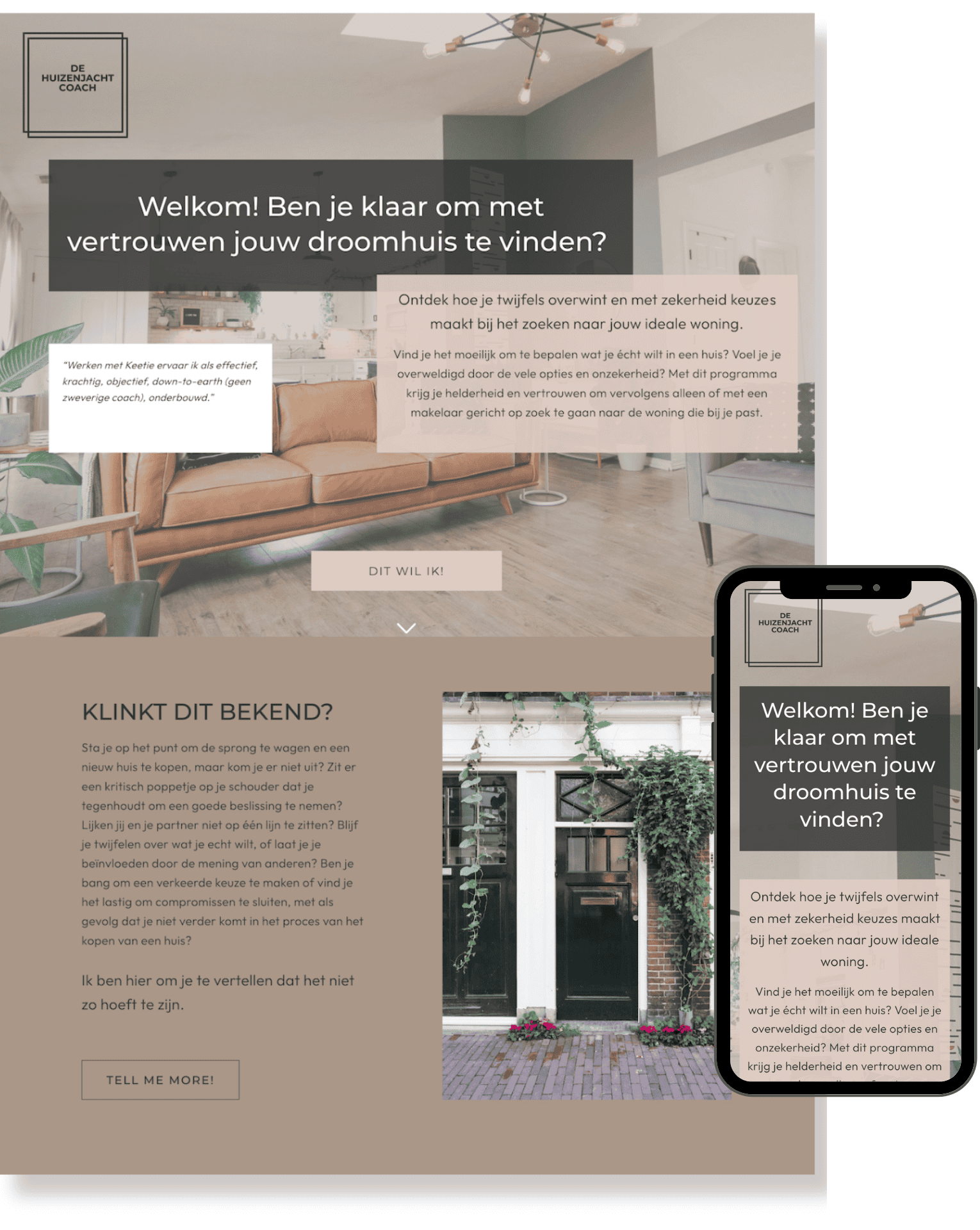 Website van De Huizenjachtcoach weergegeven op desktop en mobiel