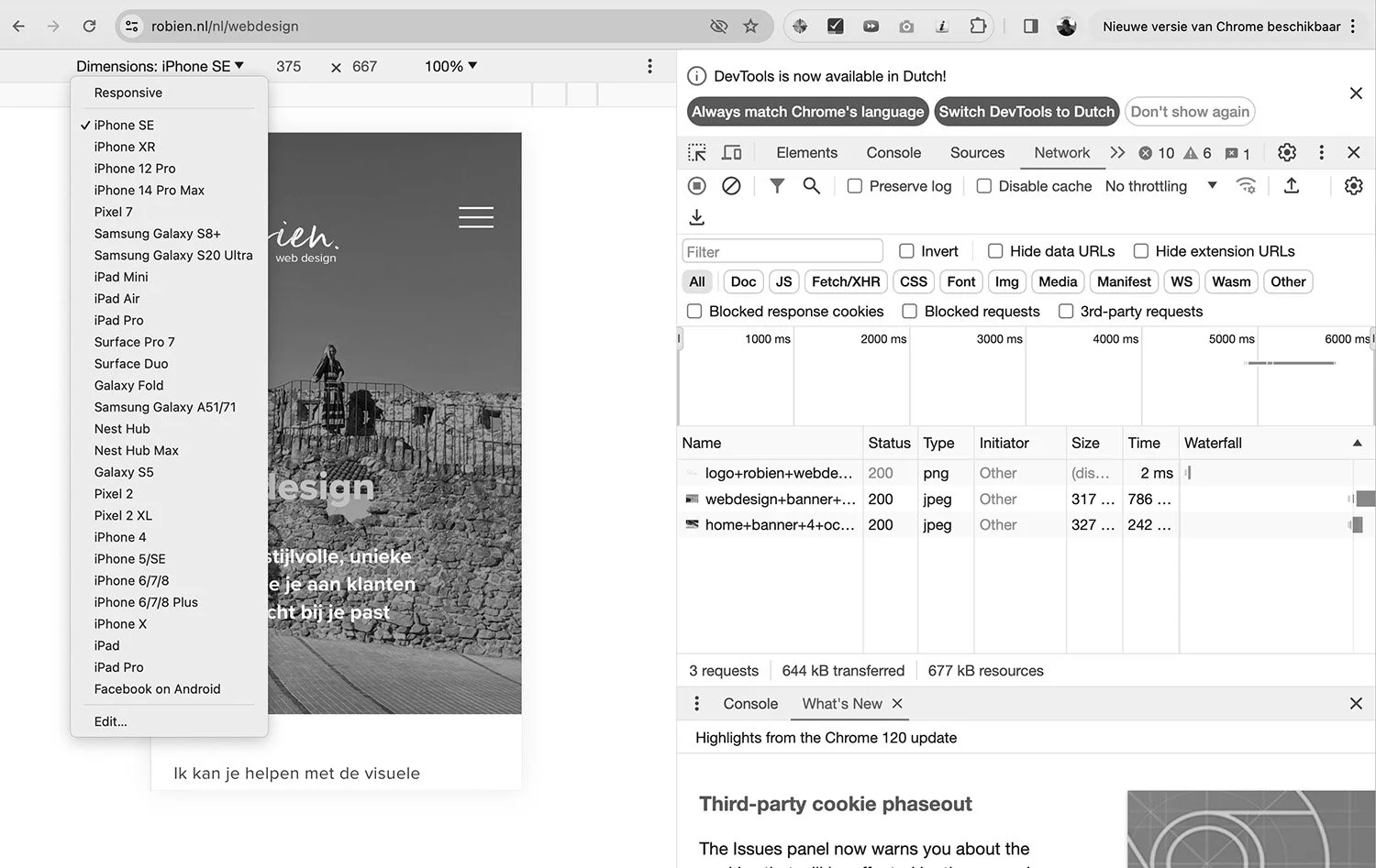 Screenshot van Chrome Device Toolbar met selectie van verschillende mobiele apparaten