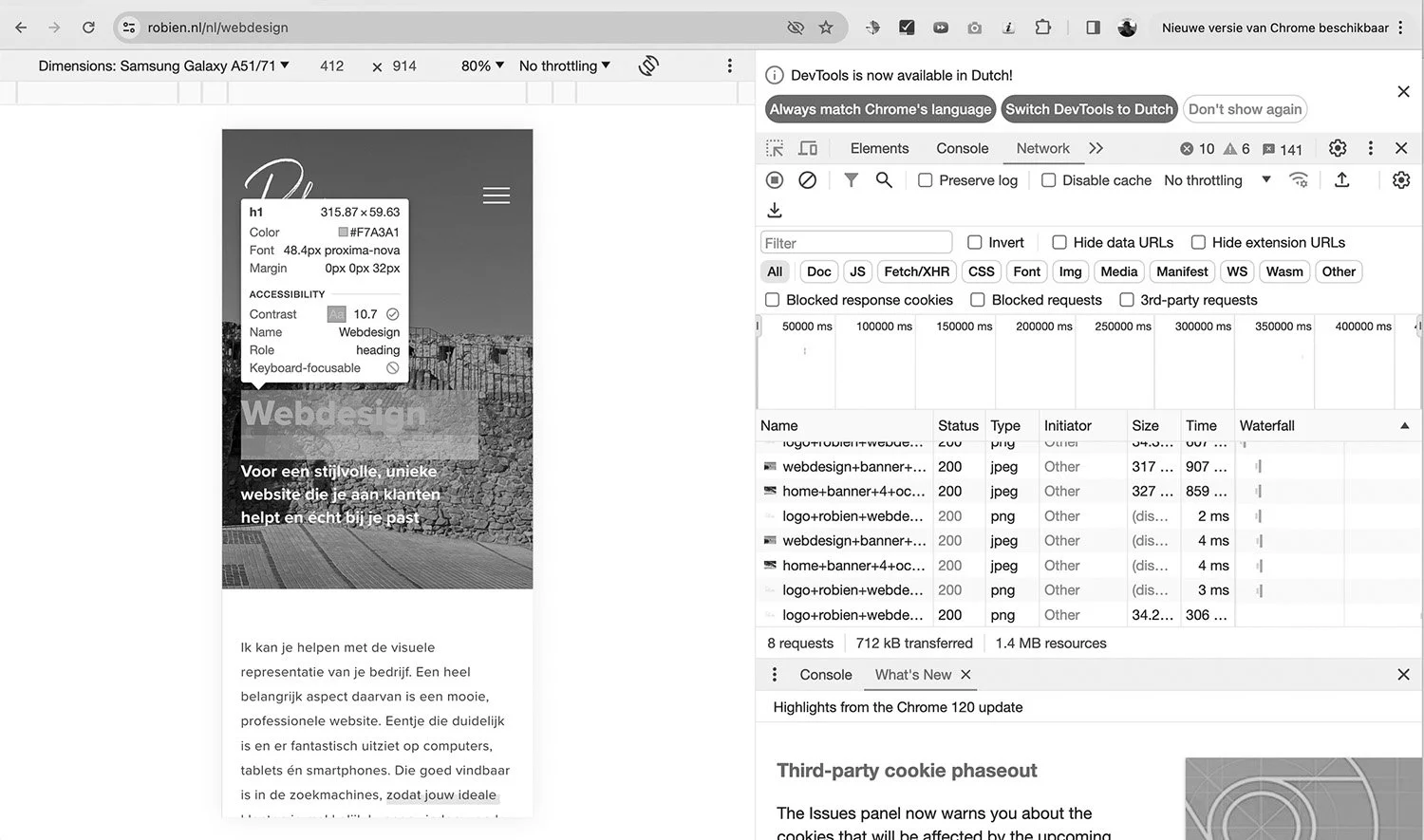 Screenshot van aangepaste schermbreedte in Chrome DevTools tijdens mobiele test