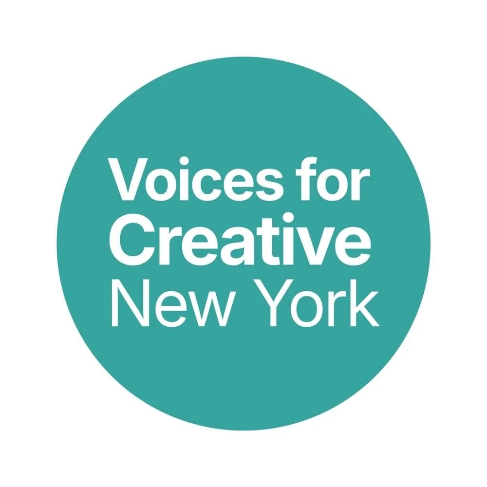 A blue-green circle with the words "Voices for Creative New York" in bold white letters inside it 