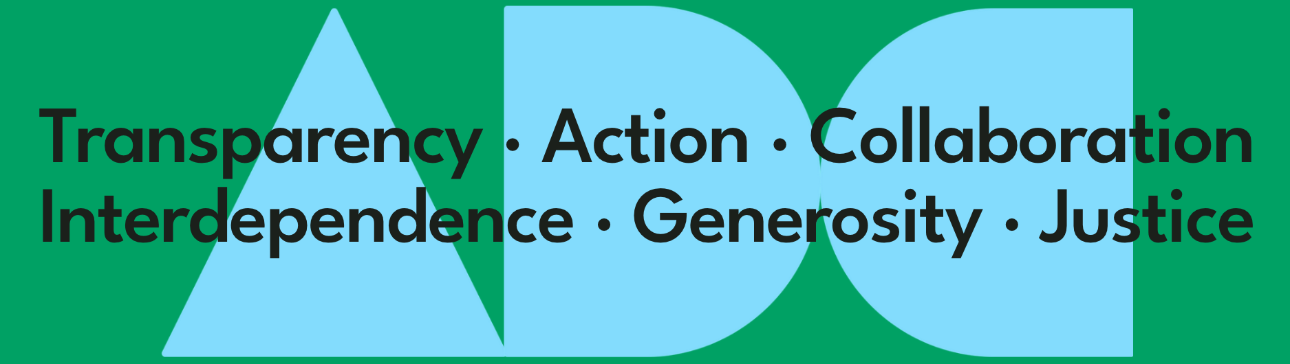 A graphic with ADC Consulting’s six core values in black text atop the ADC logo which has light blue lettering and a dark green background.