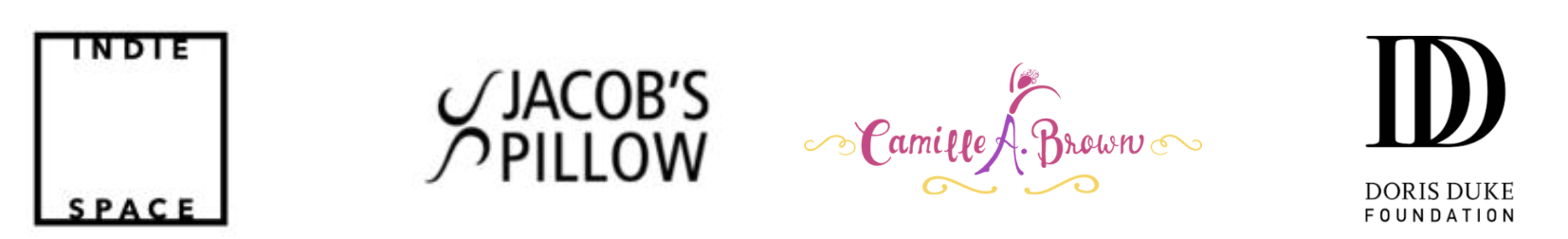 Four logos equally-spaced in a row. The graphic features the following clients: Indie Space, Jacob’s Pillow, Camille A Brown and Dancers, and the Doris Duke Foundation.