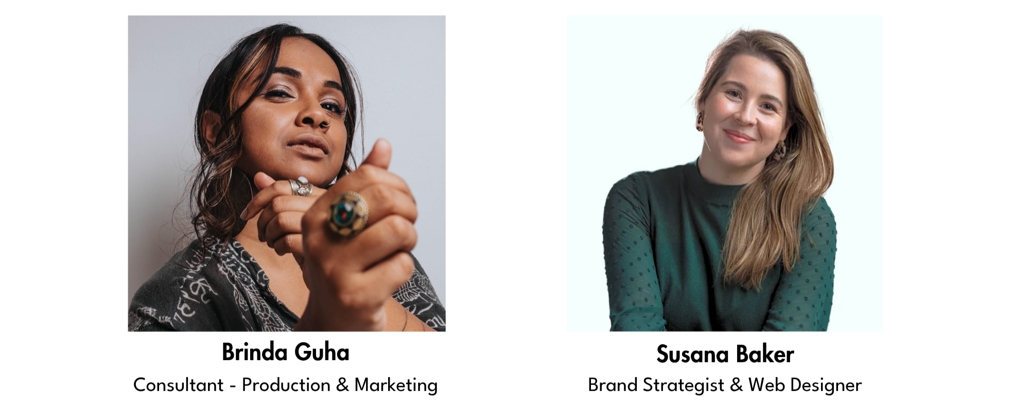 From left to right: A headshot of south-asian american Brinda Guha who has dark brown hair and a gray pattern shirt. Then a headshot Susana, a light-skinned Latina with brown hair and wearing a green long sleeve blouse.
