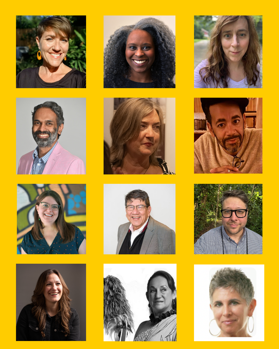 A graphic collage of the ASO Advisory Cohort. There are four rows of three rectangular-shaped headshots on a bright yellow background.