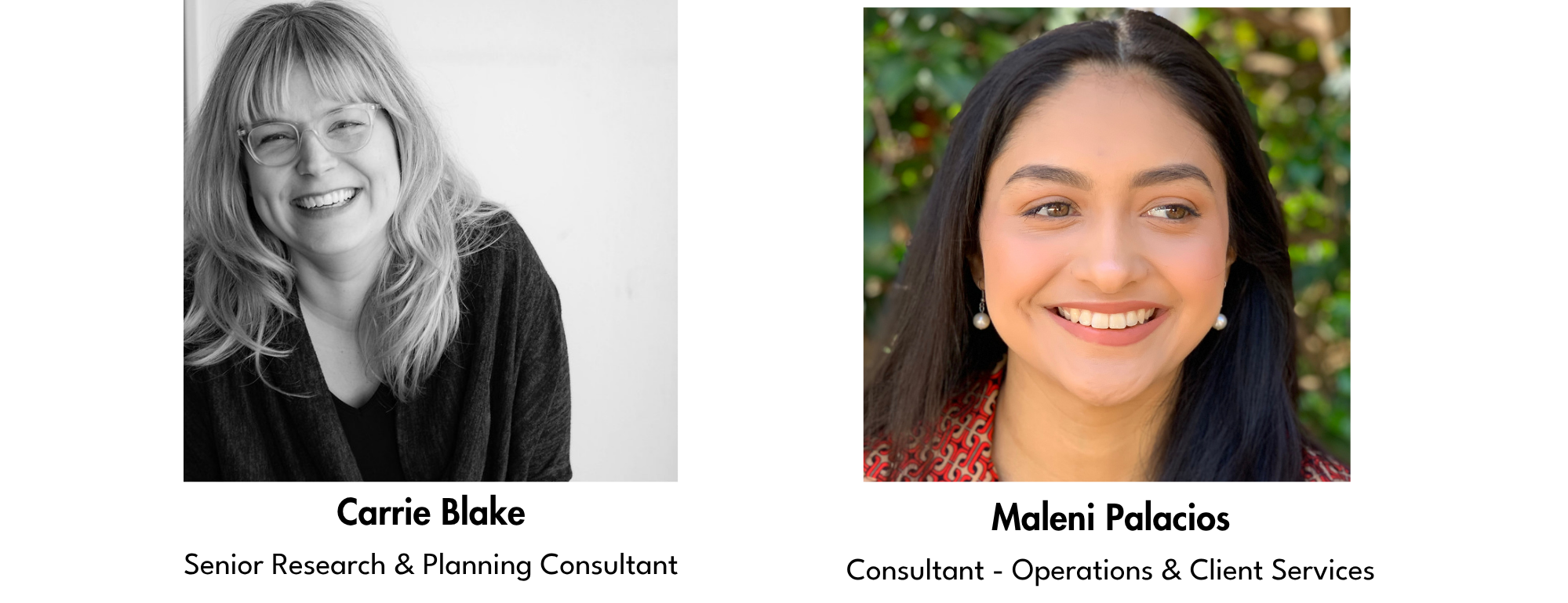 From left to right: A B&W headshot of research consultant Carrie Blake, a blonde white woman with glasses. Then a headshot of Maleni Palacios Delgado, a young white Latina with dark brown hair and a red chain patterned blouse.
