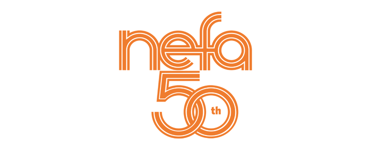 Lowercase connected letters N, E, F, and A and 50th below made of three orange connected lines to invoke movement.