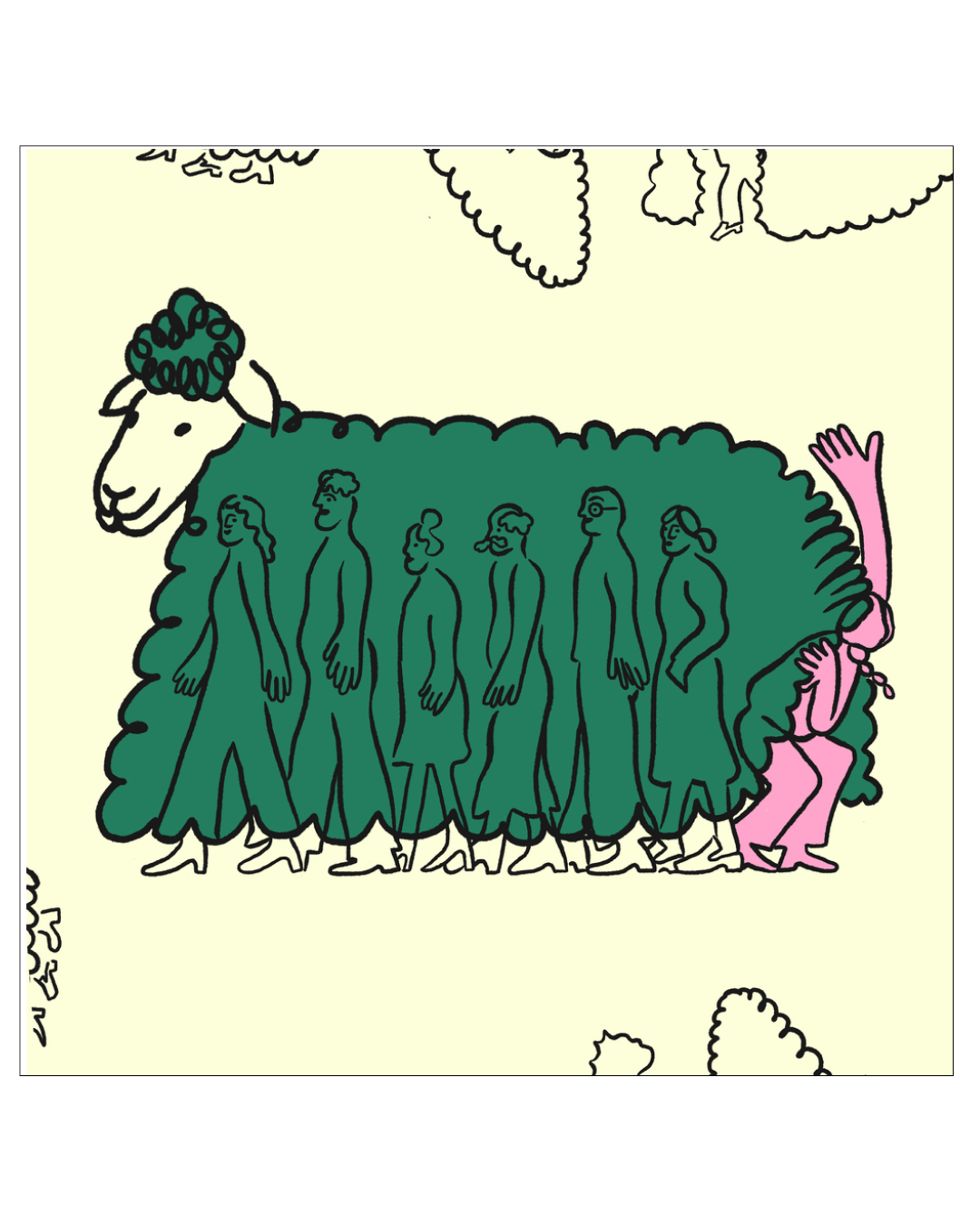 An abstract graphic featuring humans walking inside of a green lamb-like animal while a pink human, charting their own path, sneaks out the back of the lamb.
