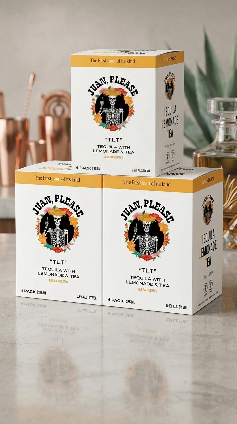 Three boxes of Juan, Please tequila with lemonade and tea, featuring a skeleton wearing a sombrero and surrounded by colorful leaves on a countertop.
