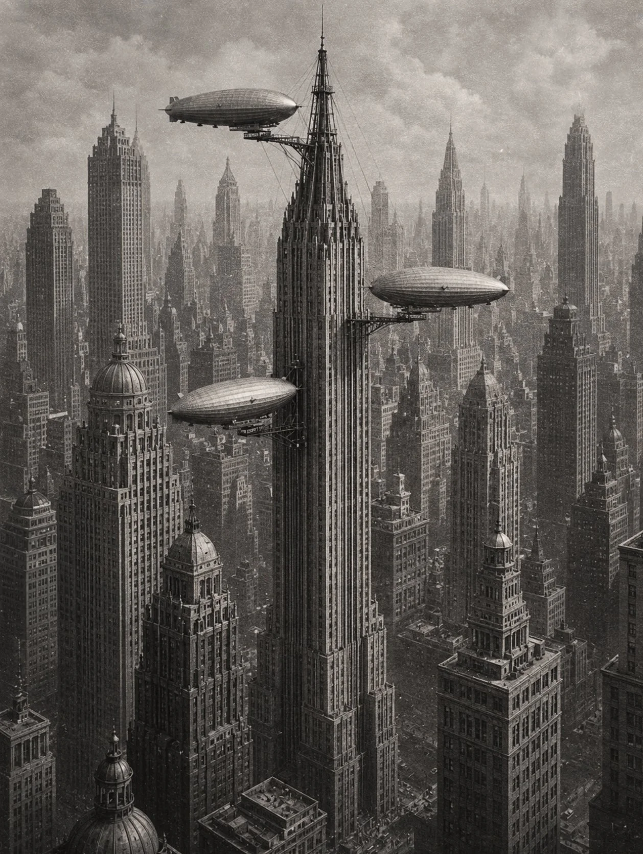 Zeppelins at the great mooring tower above Utropiia, photo print, vintage city architecture (Copy)