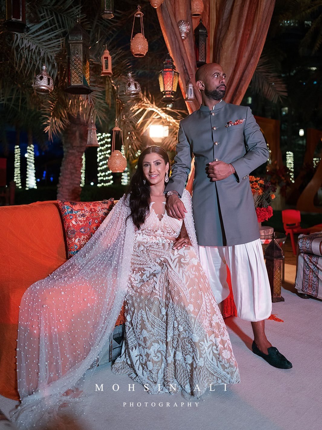 Roshni &amp; Nikhil, ready to dance the night away under the Bahraini skies 🤍

Destination Wedding Planner @_pristineevents_ 
Photo - @mohsinaliphotography
AV &amp; Production - @avlivedubai
Venue - @royalsaray
Decor - @thearchevents
Drummers - @eli