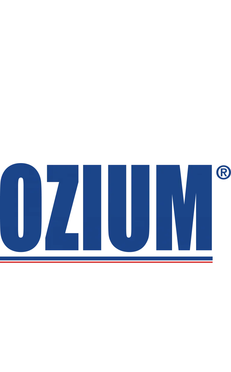 The Ozium logo with blue text and a red, white, and blue striped line underneath.