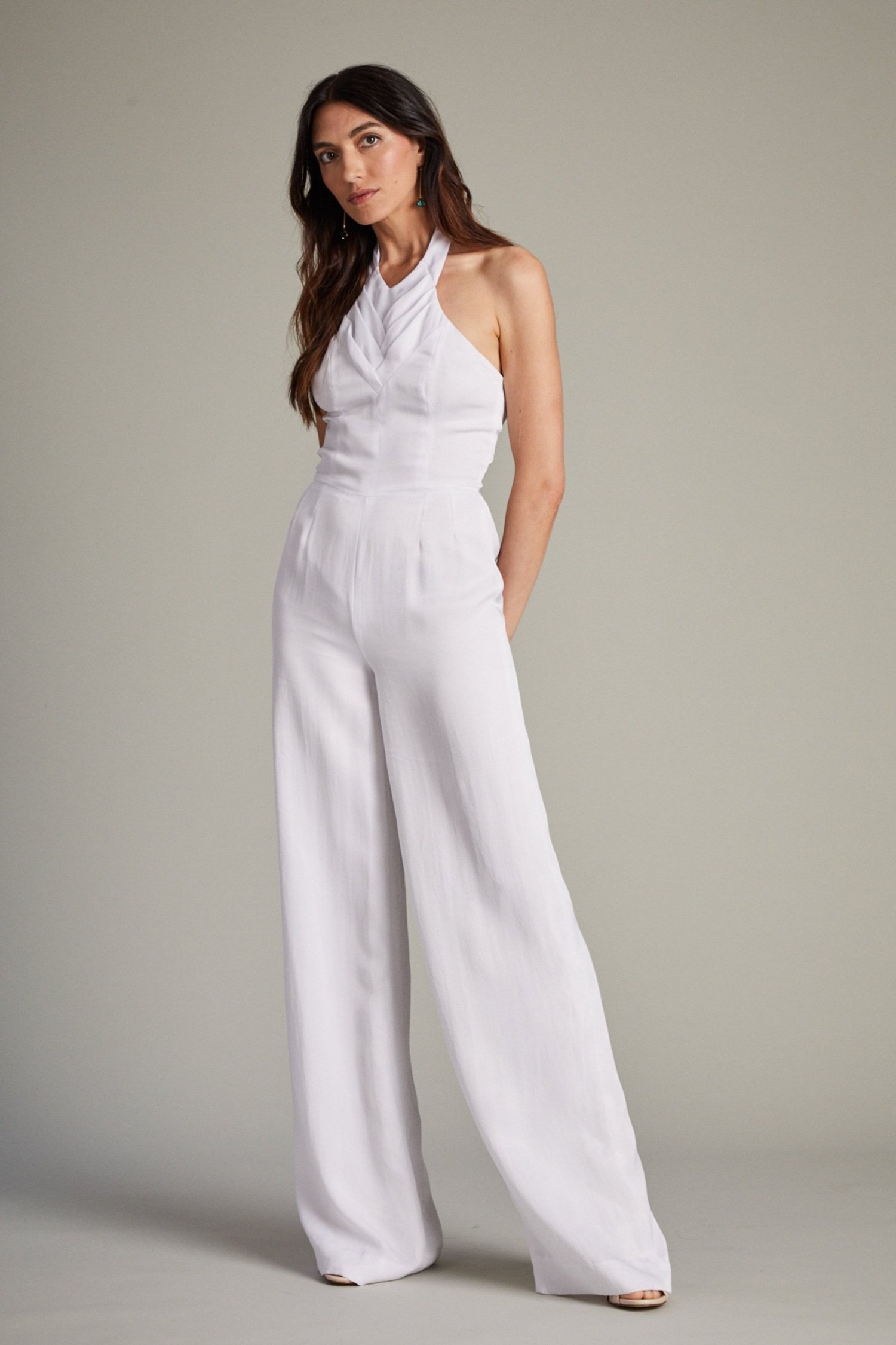 White Formal Jumpsuit with Herringbone Pleat