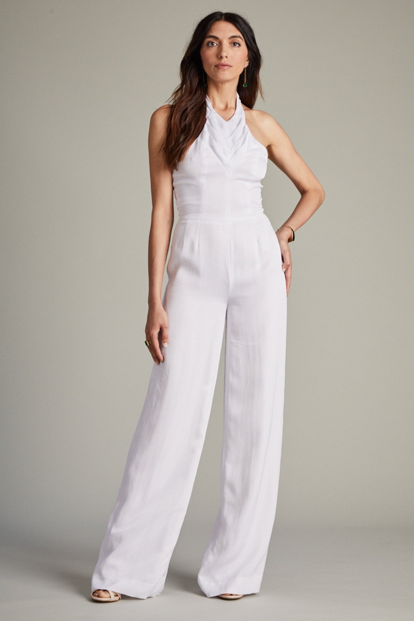 White Formal Jumpsuit with Herringbone Pleat