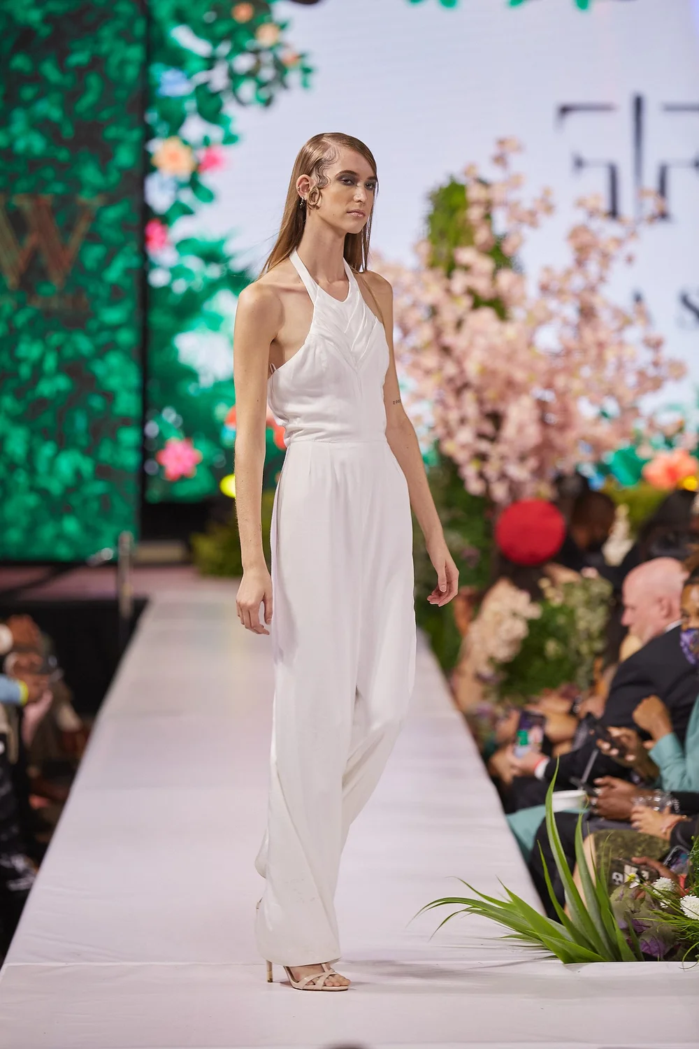 White Jumpsuit with Herringbone Pleat